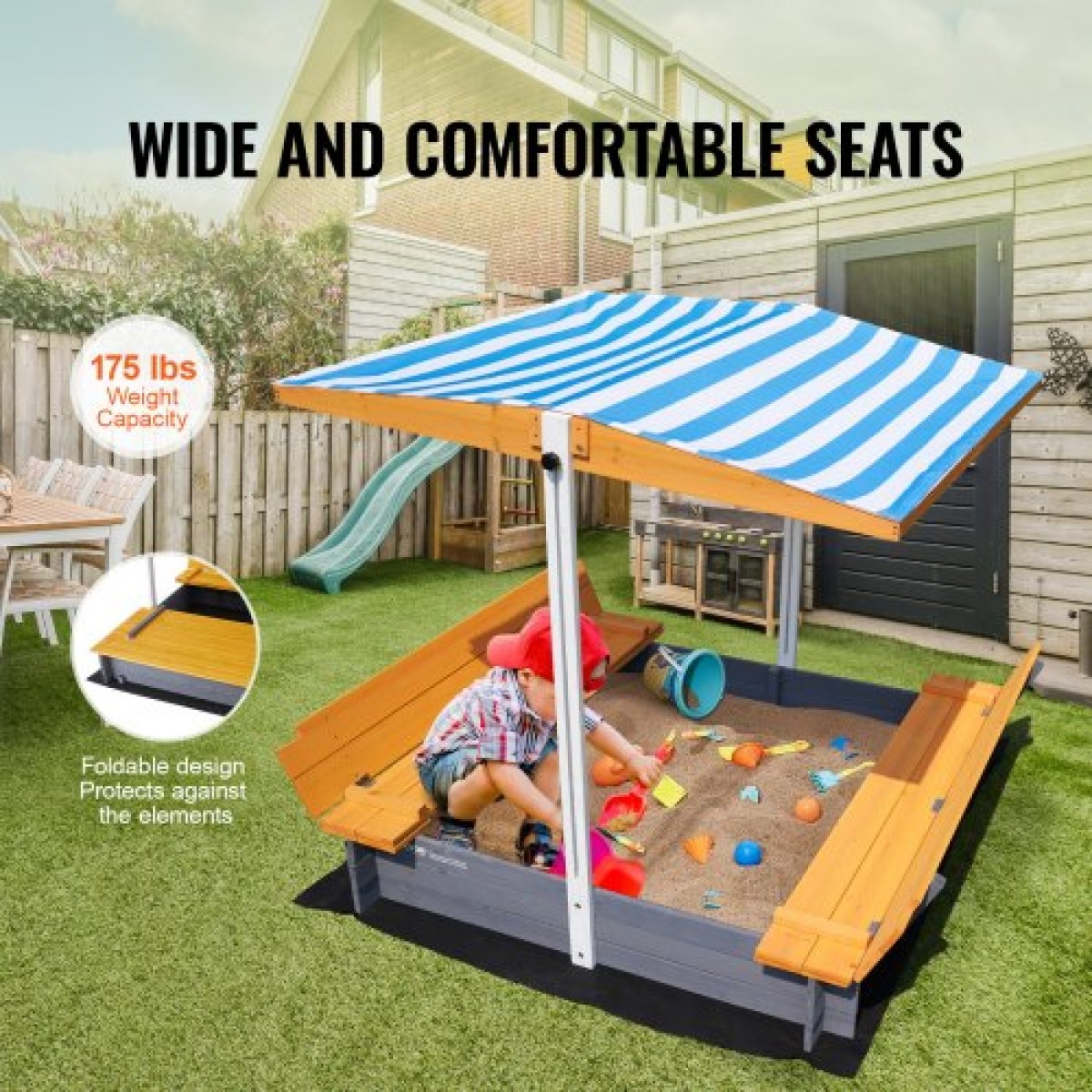 VEVOR Ξύλινο Sandbox με κουβούκλιο, 57,3 x 47,2 x 47,2 σε Sand Box, Sand Pit με πτυσσόμενα καθίσματα πάγκου και κάτω επένδυση, φυσικό ξύλο sandbox για παιδιά για εξωτερική αυλή, παραλία, πάρκο, δώρο για ηλικίες 3-12
