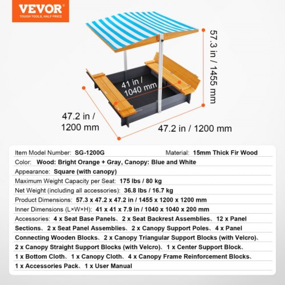 VEVOR Ξύλινο Sandbox με κουβούκλιο, 57,3 x 47,2 x 47,2 σε Sand Box, Sand Pit με πτυσσόμενα καθίσματα πάγκου και κάτω επένδυση, φυσικό ξύλο sandbox για παιδιά για εξωτερική αυλή, παραλία, πάρκο, δώρο για ηλικίες 3-12