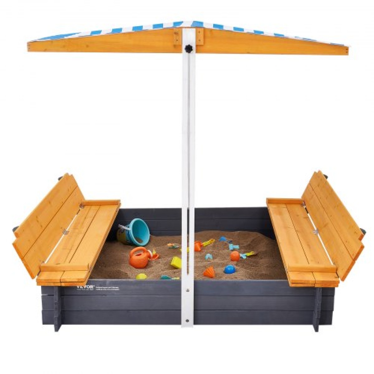 VEVOR Ξύλινο Sandbox με κουβούκλιο, 57,3 x 47,2 x 47,2 σε Sand Box, Sand Pit με πτυσσόμενα καθίσματα πάγκου και κάτω επένδυση, φυσικό ξύλο sandbox για παιδιά για εξωτερική αυλή, παραλία, πάρκο, δώρο για ηλικίες 3-12