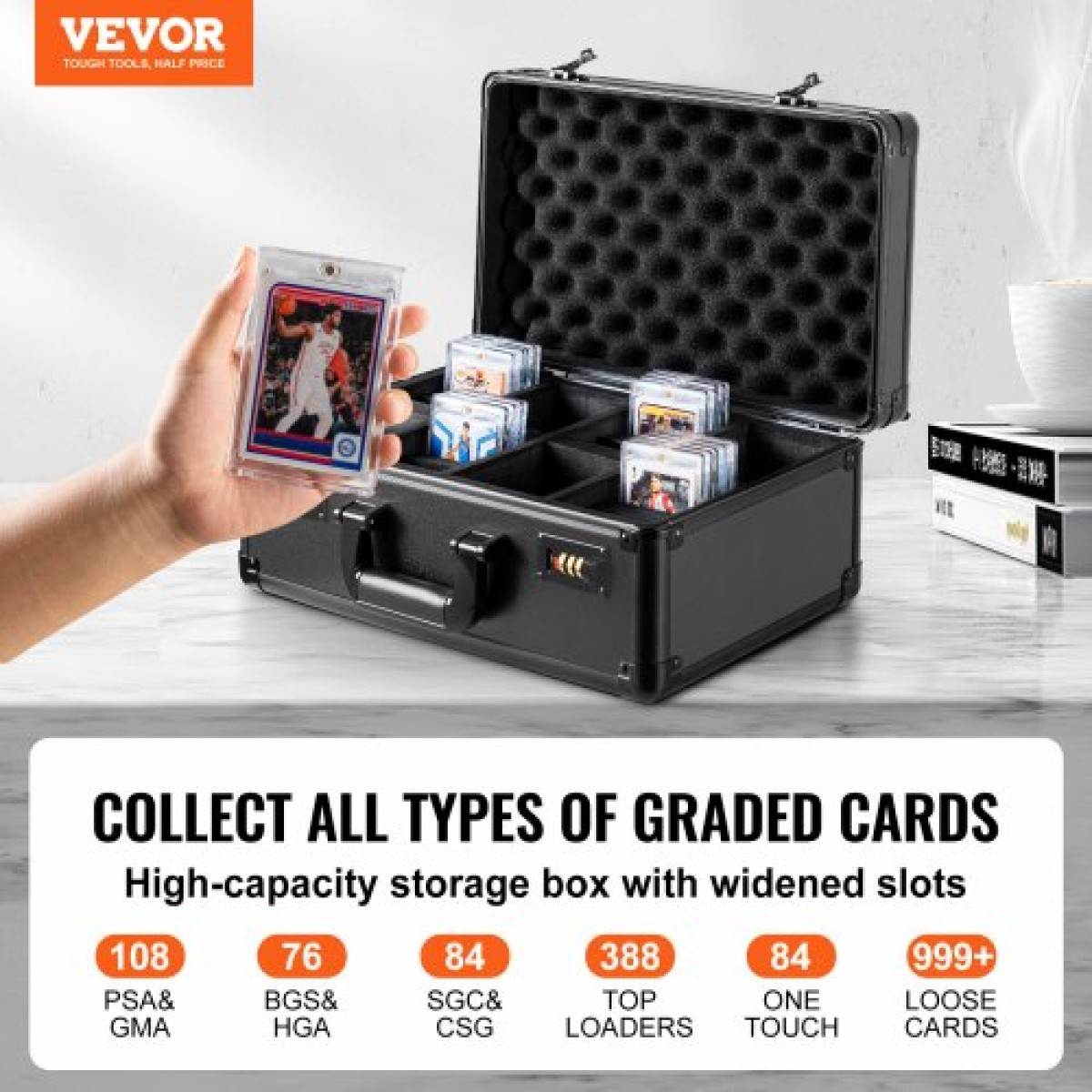 VEVOR Graded Card Storage Box, 4 Slots, Graded Sports Card Holder Case Cards with Coded Lock Foam Diviers, for 108 Graded Card PSA 76 BGS Graded Cards 84 SGC Cards 388 Top Loaders or 999+ Loose Cards