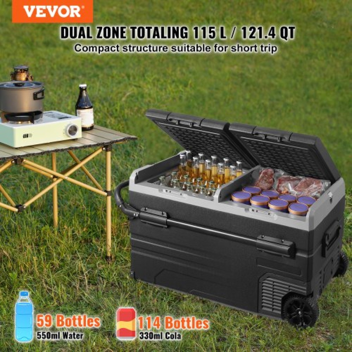 Ψυγείο αυτοκινήτου VEVOR, Ψυγείο αυτοκινήτου 12 Volt, φορητός καταψύκτης διπλής ζώνης 115 L με ρόδες και λαβή, -4℉-68℉, 12/24V DC και 100-240V AC ψύκτη συμπιεστή για εξωτερικούς χώρους, κάμπινγκ