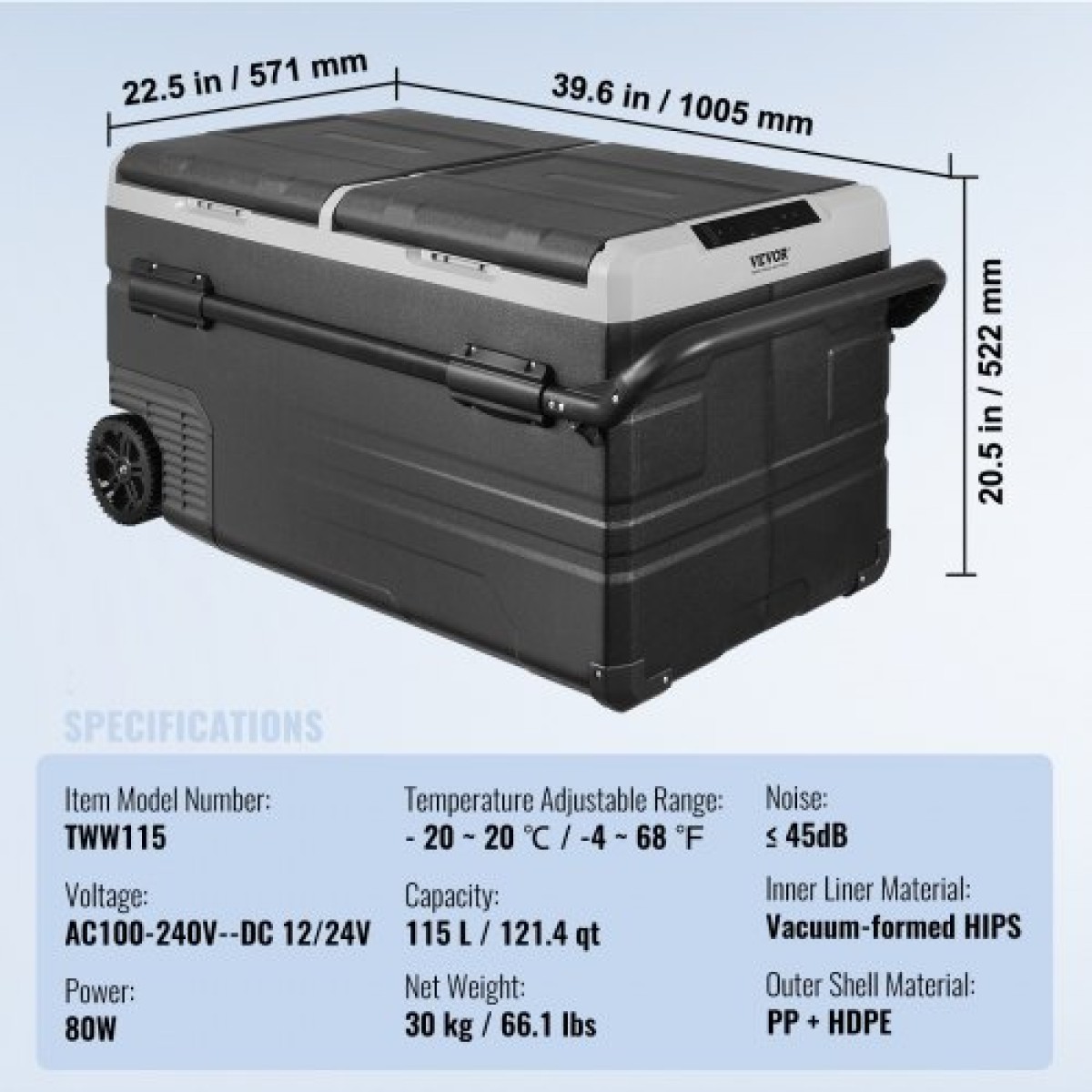Ψυγείο αυτοκινήτου VEVOR, Ψυγείο αυτοκινήτου 12 Volt, φορητός καταψύκτης διπλής ζώνης 115 L με ρόδες και λαβή, -4℉-68℉, 12/24V DC και 100-240V AC ψύκτη συμπιεστή για εξωτερικούς χώρους, κάμπινγκ
