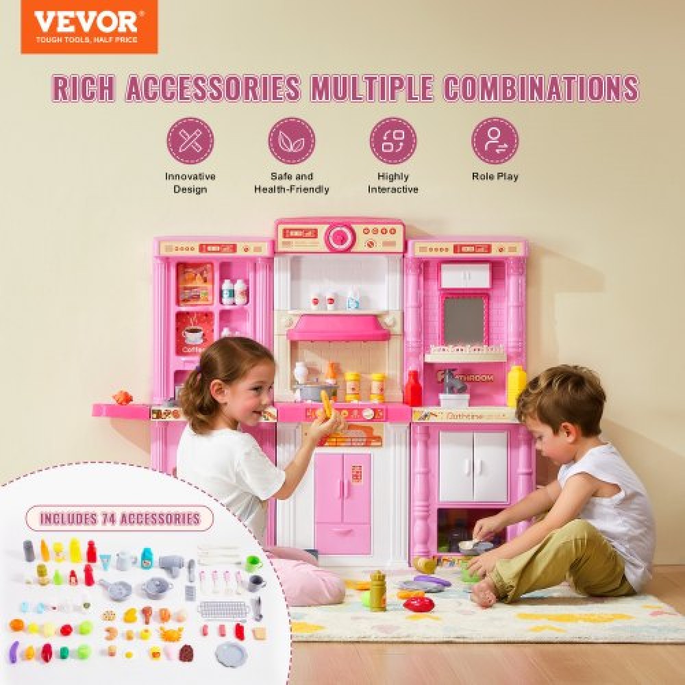 VEVOR Kids Kitchen Playset, 3-in-1 Toddler Kitchen with Simulated Spray, Sounds and Lights, Play Kitchen Set with 74 PCS Σετ αξεσουάρ μαγειρικής για νήπια, παιδιά προσχολικής ηλικίας, παιδιά 3-8 ετών, ροζ