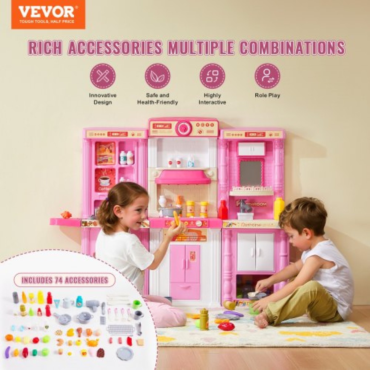 VEVOR Kids Kitchen Playset, 3-in-1 Toddler Kitchen with Simulated Spray, Sounds and Lights, Play Kitchen Set with 74 PCS Σετ αξεσουάρ μαγειρικής για νήπια, παιδιά προσχολικής ηλικίας, παιδιά 3-8 ετών, ροζ