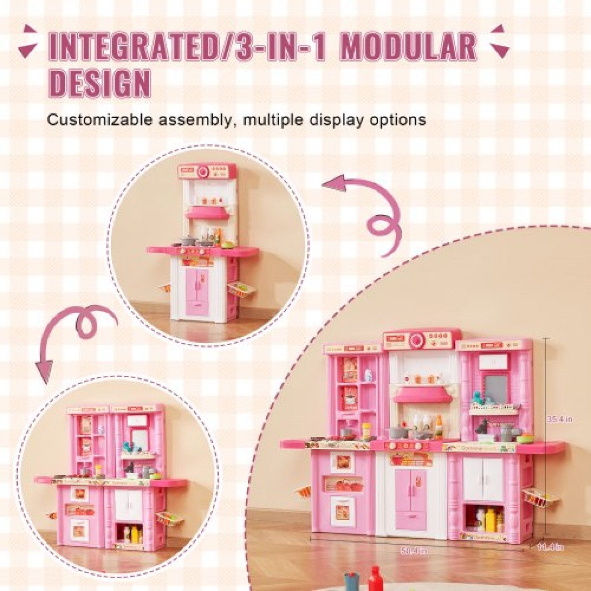 VEVOR Kids Kitchen Playset, 3-in-1 Toddler Kitchen with Simulated Spray, Sounds and Lights, Play Kitchen Set with 74 PCS Σετ αξεσουάρ μαγειρικής για νήπια, παιδιά προσχολικής ηλικίας, παιδιά 3-8 ετών, ροζ