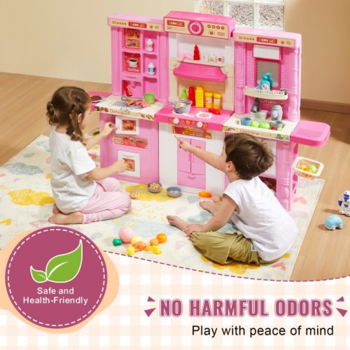 VEVOR Kids Kitchen Playset, 3-in-1 Toddler Kitchen with Simulated Spray, Sounds and Lights, Play Kitchen Set with 74 PCS Σετ αξεσουάρ μαγειρικής για νήπια, παιδιά προσχολικής ηλικίας, παιδιά 3-8 ετών, ροζ