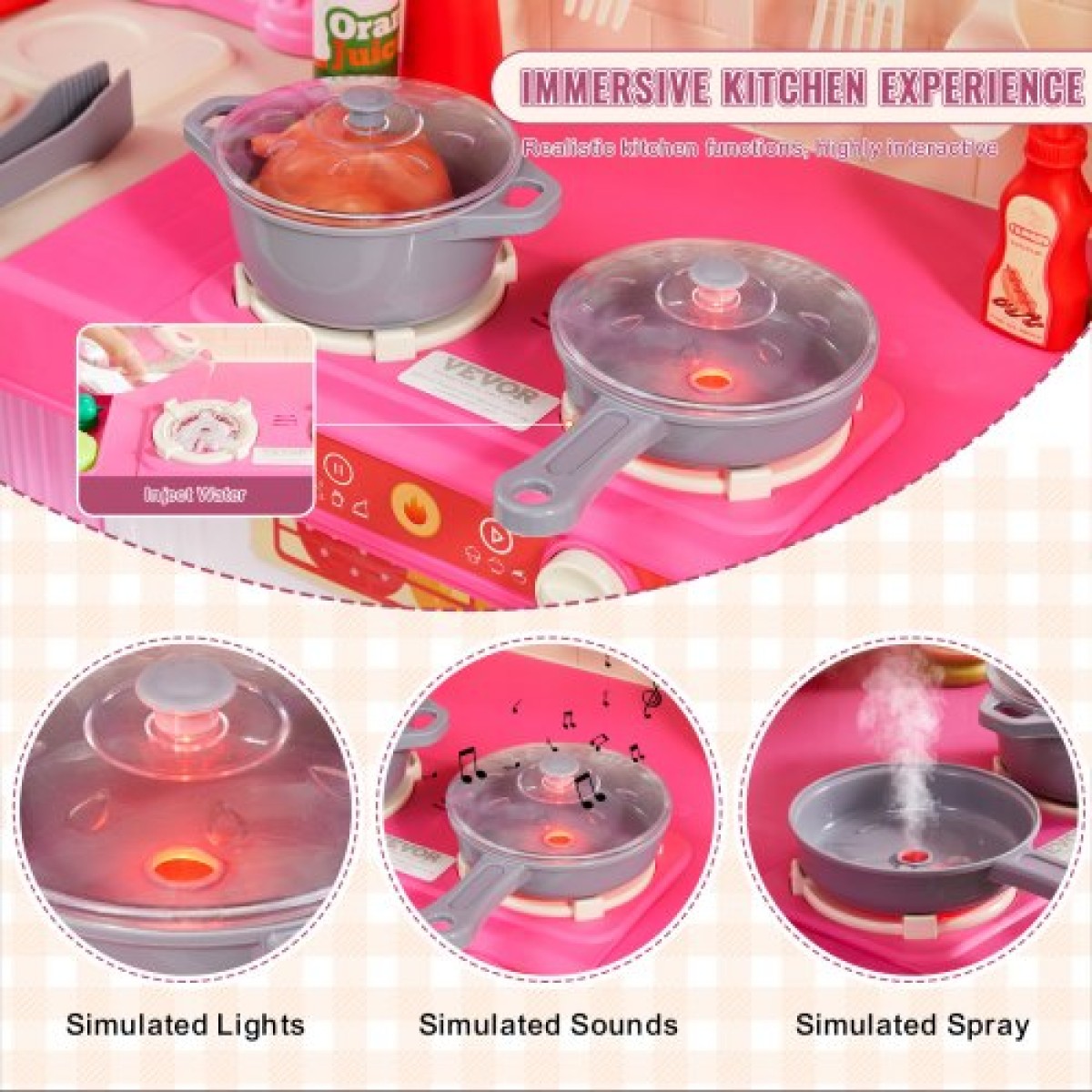VEVOR Kids Kitchen Playset, 3-in-1 Toddler Kitchen with Simulated Spray, Sounds and Lights, Play Kitchen Set with 74 PCS Σετ αξεσουάρ μαγειρικής για νήπια, παιδιά προσχολικής ηλικίας, παιδιά 3-8 ετών, ροζ