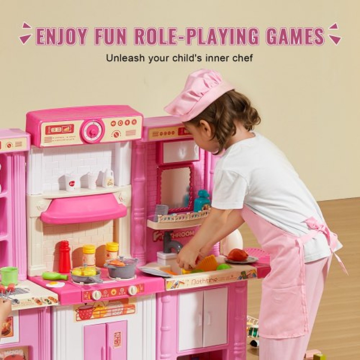 VEVOR Kids Kitchen Playset, 3-in-1 Toddler Kitchen with Simulated Spray, Sounds and Lights, Play Kitchen Set with 74 PCS Σετ αξεσουάρ μαγειρικής για νήπια, παιδιά προσχολικής ηλικίας, παιδιά 3-8 ετών, ροζ