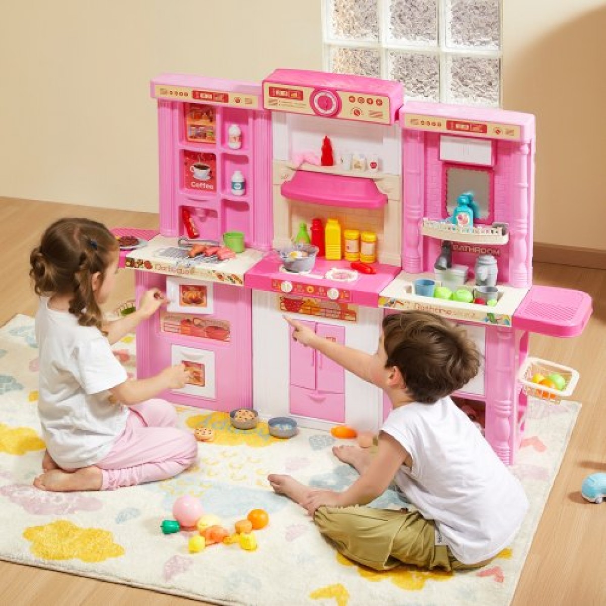 VEVOR Kids Kitchen Playset, 3-in-1 Toddler Kitchen with Simulated Spray, Sounds and Lights, Play Kitchen Set with 74 PCS Σετ αξεσουάρ μαγειρικής για νήπια, παιδιά προσχολικής ηλικίας, παιδιά 3-8 ετών, ροζ