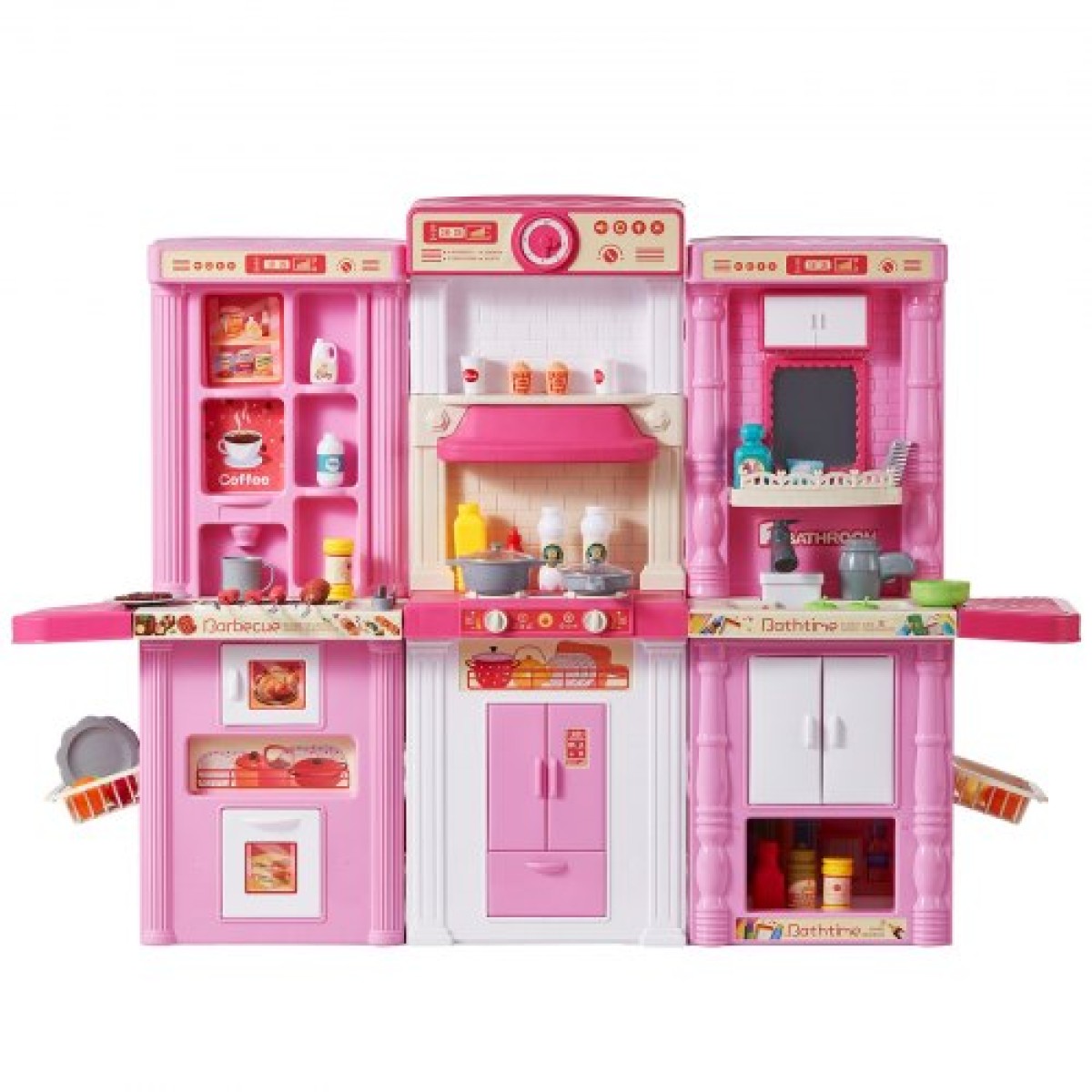 VEVOR Kids Kitchen Playset, 3-in-1 Toddler Kitchen with Simulated Spray, Sounds and Lights, Play Kitchen Set with 74 PCS Σετ αξεσουάρ μαγειρικής για νήπια, παιδιά προσχολικής ηλικίας, παιδιά 3-8 ετών, ροζ