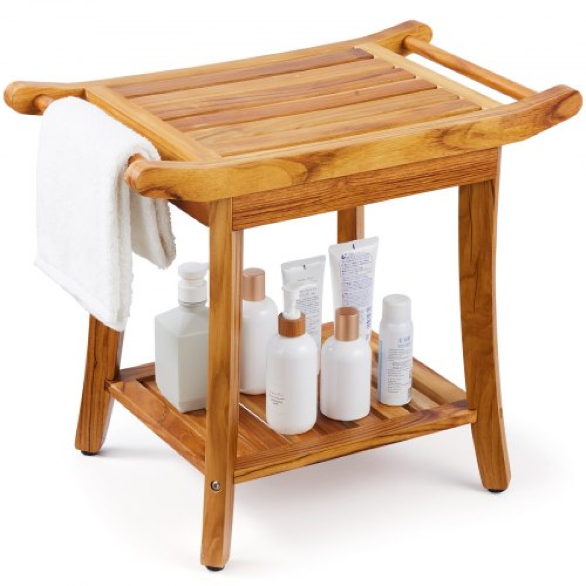 Πάγκος ντους VEVOR Teak, 22 x 14,4 x 18,5 ίντσες, αδιάβροχο ξύλινο σκαμπό ντους με αντιολισθητικά πόδια λαβής ραφιού αποθήκευσης, Μέγιστο φορτίο 300 lbs Κάθισμα καρέκλας ντους, για χρήση σε εσωτερικό και εξωτερικό μπάνιο