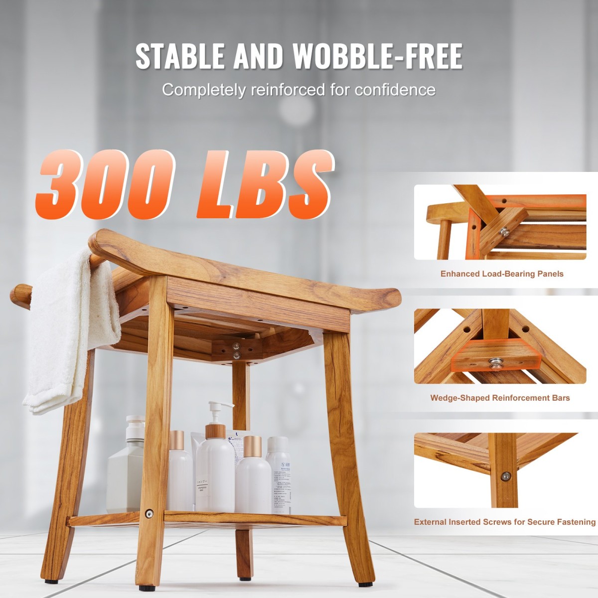 Πάγκος ντους VEVOR Teak, 22 x 14,4 x 18,5 ίντσες, αδιάβροχο ξύλινο σκαμπό ντους με αντιολισθητικά πόδια λαβής ραφιού αποθήκευσης, Μέγιστο φορτίο 300 lbs Κάθισμα καρέκλας ντους, για χρήση σε εσωτερικό και εξωτερικό μπάνιο