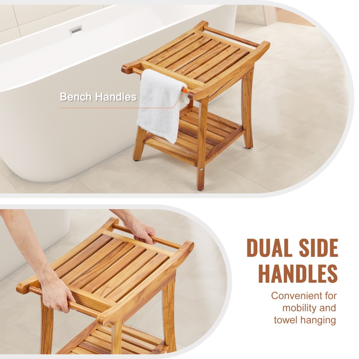 Πάγκος ντους VEVOR Teak, 22 x 14,4 x 18,5 ίντσες, αδιάβροχο ξύλινο σκαμπό ντους με αντιολισθητικά πόδια λαβής ραφιού αποθήκευσης, Μέγιστο φορτίο 300 lbs Κάθισμα καρέκλας ντους, για χρήση σε εσωτερικό και εξωτερικό μπάνιο