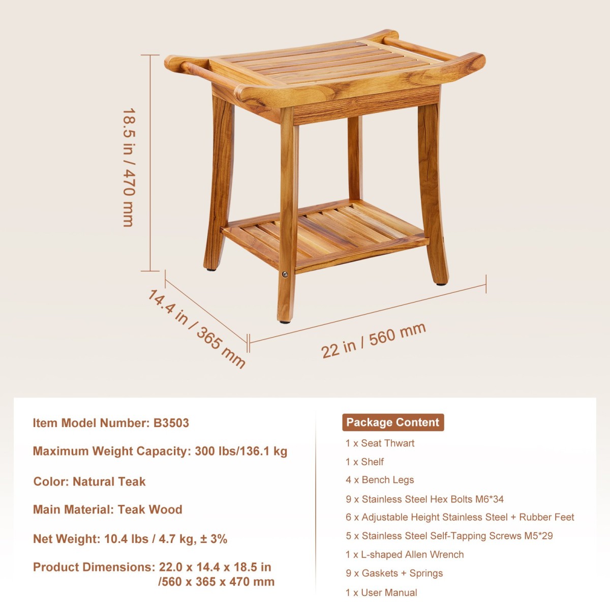 Πάγκος ντους VEVOR Teak, 22 x 14,4 x 18,5 ίντσες, αδιάβροχο ξύλινο σκαμπό ντους με αντιολισθητικά πόδια λαβής ραφιού αποθήκευσης, Μέγιστο φορτίο 300 lbs Κάθισμα καρέκλας ντους, για χρήση σε εσωτερικό και εξωτερικό μπάνιο