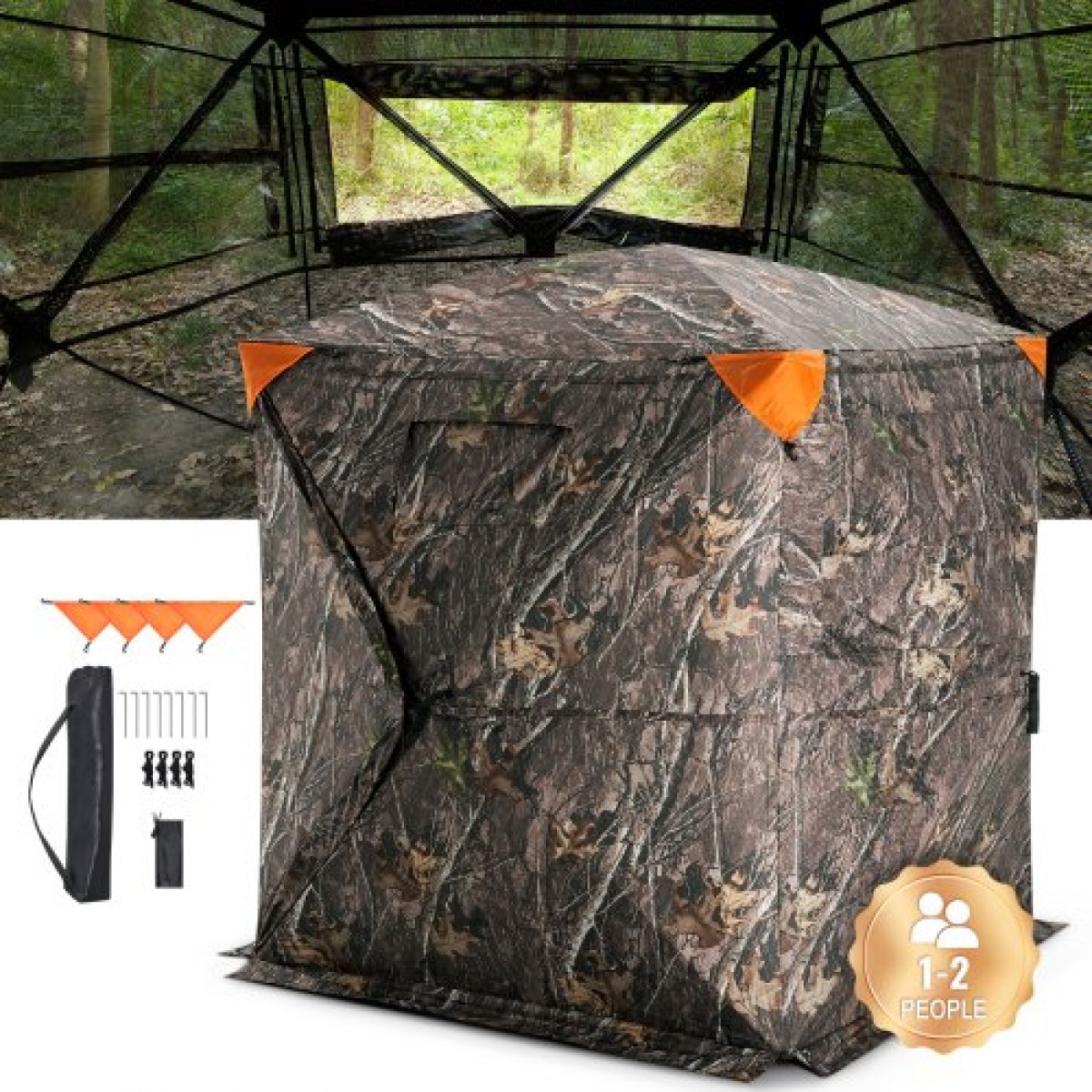VEVOR Hunting Blind, 270° See Through Ground Blind, 1-2 Person Pop Up Deer Blind για κυνήγι με τσάντα μεταφοράς, φορητή ελαστική σκηνή κυνηγιού, μονόδρομο διαφανές πλέγμα για Τουρκία και κυνήγι ελαφιών