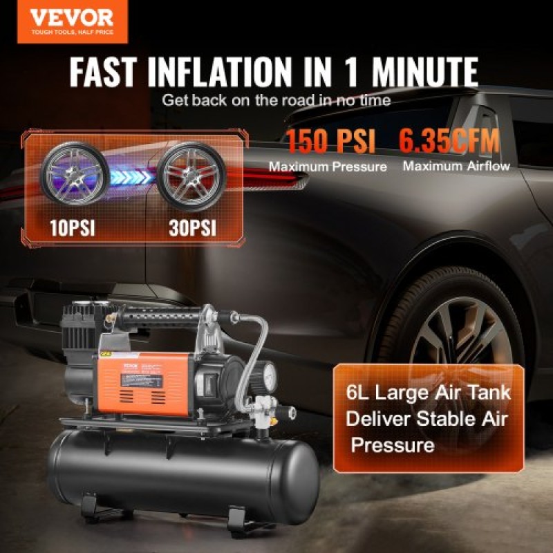VEVOR 12V Heavy Duty Air Compressor with 6L Tank Kit, 6,35 CFM Portable Tire Inflator, 150 PSI Offroad Air Compressor with Digital Pressure Mauge Tire Inflator for Trucks Car SUV 4 x 4 Vehicle RV