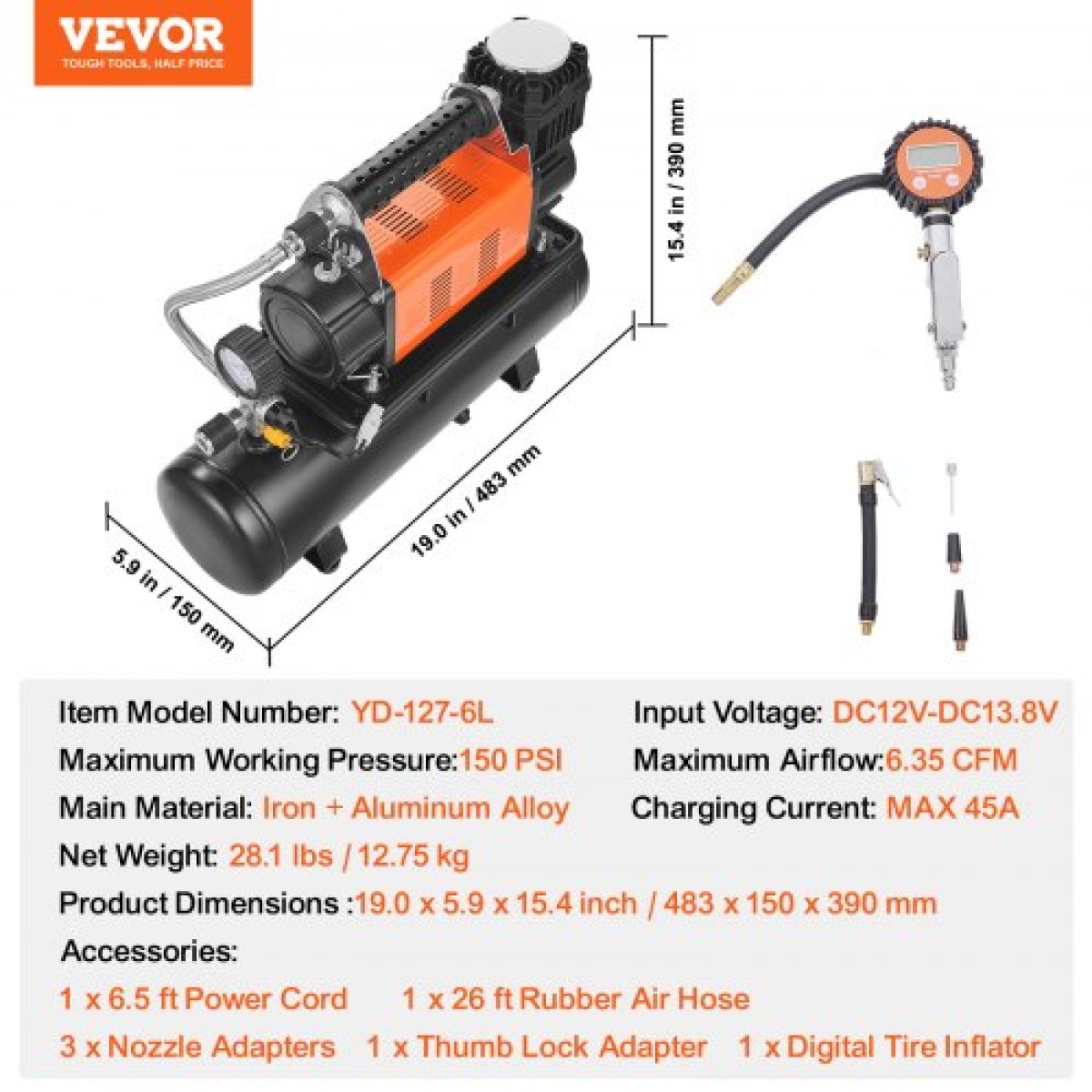 VEVOR 12V Heavy Duty Air Compressor with 6L Tank Kit, 6,35 CFM Portable Tire Inflator, 150 PSI Offroad Air Compressor with Digital Pressure Mauge Tire Inflator for Trucks Car SUV 4 x 4 Vehicle RV