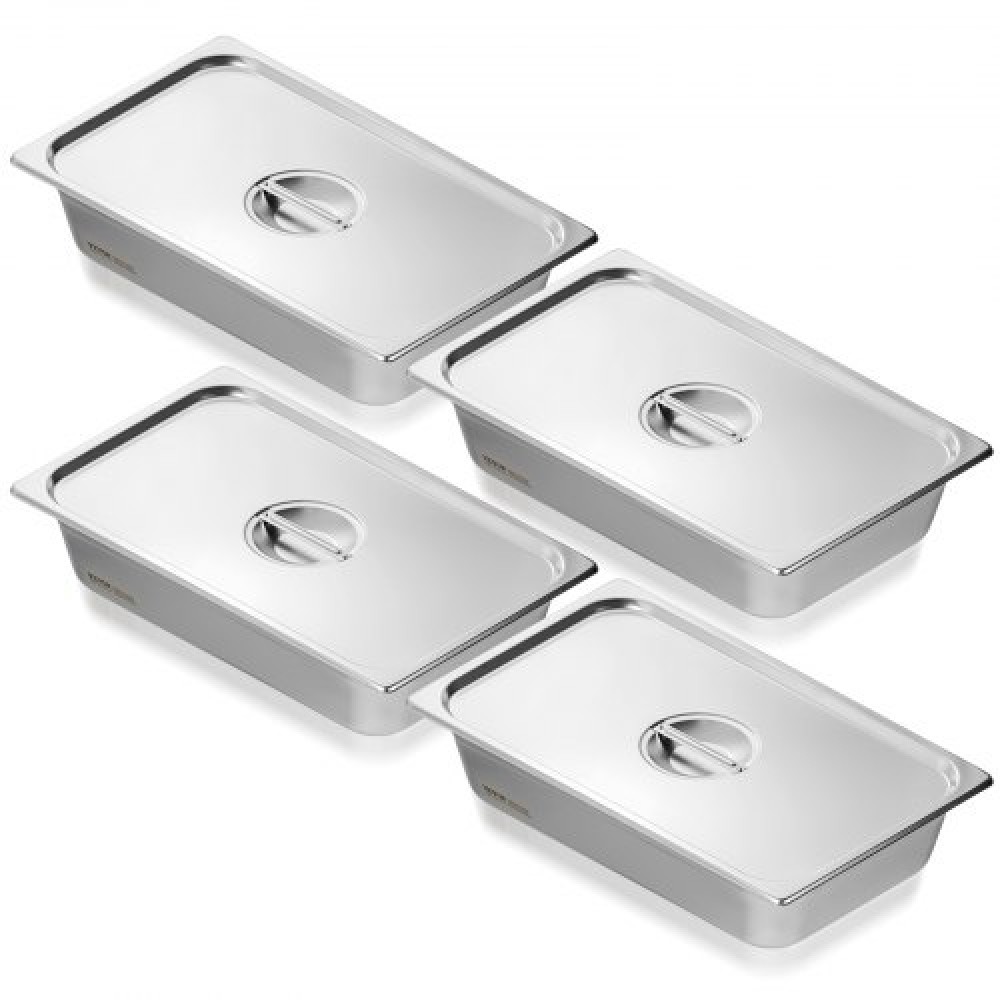 VEVOR 4 Pack Pans Hotel, Full Size Anti-Jam Steam Pan with Kap, 0,8mm πάχος από ανοξείδωτο ατσάλι Επιτραπέζιο ταψί 4 ιντσών, Βαθύ Εμπορικό Τηγάνι 4 ιντσών, Αποθηκευτικό τηγάνι τροφοδοσίας, για βιομηχανικό και επιστημονικό