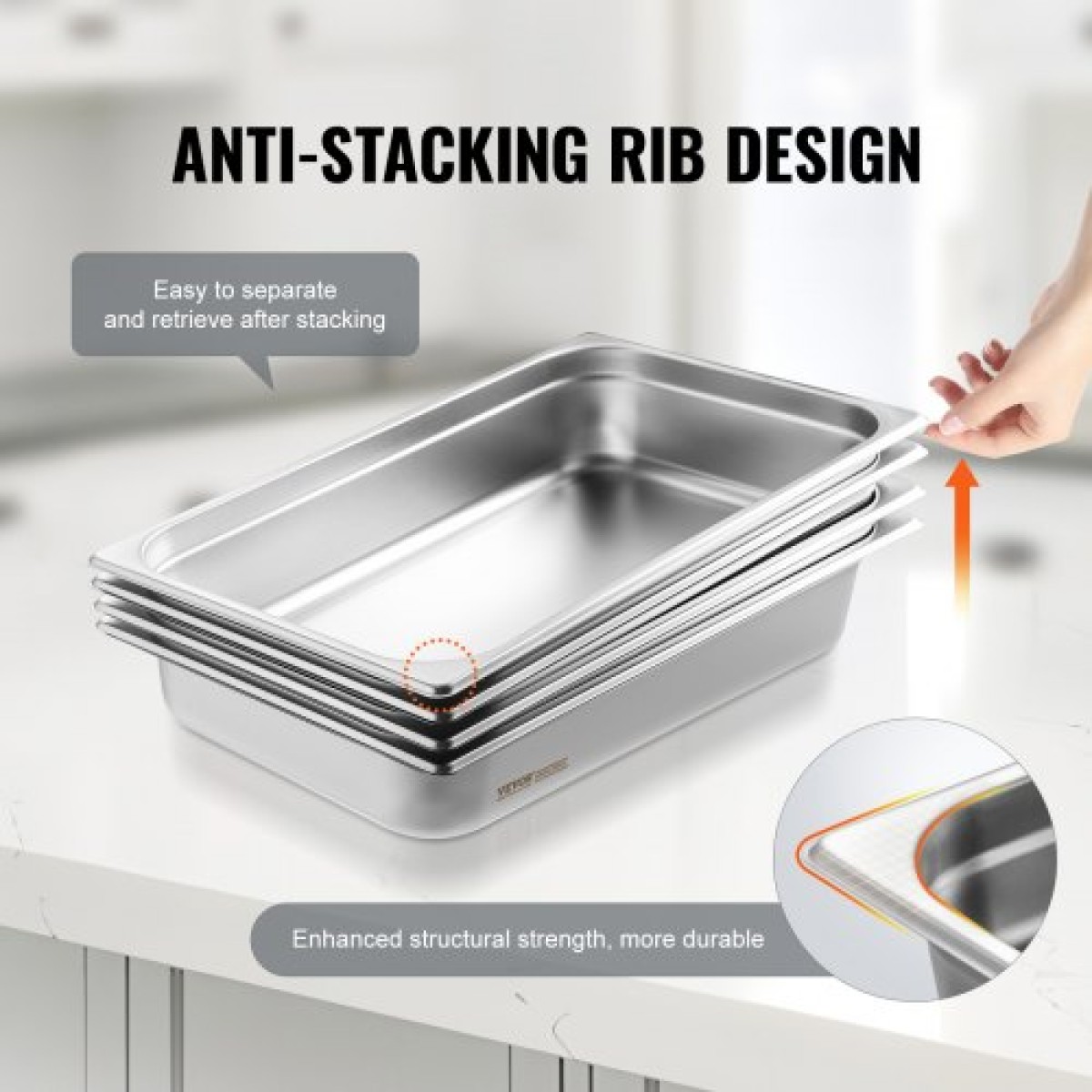 VEVOR 4 Pack Pans Hotel, Full Size Anti-Jam Steam Pan with Kap, 0,8mm πάχος από ανοξείδωτο ατσάλι Επιτραπέζιο ταψί 4 ιντσών, Βαθύ Εμπορικό Τηγάνι 4 ιντσών, Αποθηκευτικό τηγάνι τροφοδοσίας, για βιομηχανικό και επιστημονικό