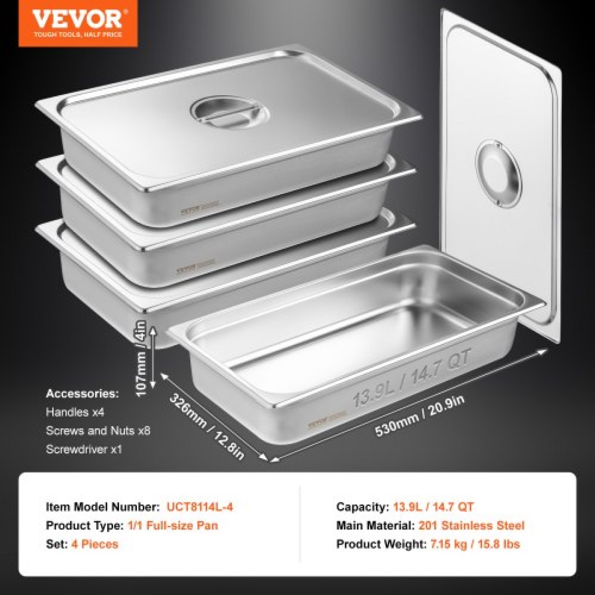 VEVOR 4 Pack Pans Hotel, Full Size Anti-Jam Steam Pan with Kap, 0,8mm πάχος από ανοξείδωτο ατσάλι Επιτραπέζιο ταψί 4 ιντσών, Βαθύ Εμπορικό Τηγάνι 4 ιντσών, Αποθηκευτικό τηγάνι τροφοδοσίας, για βιομηχανικό και επιστημονικό