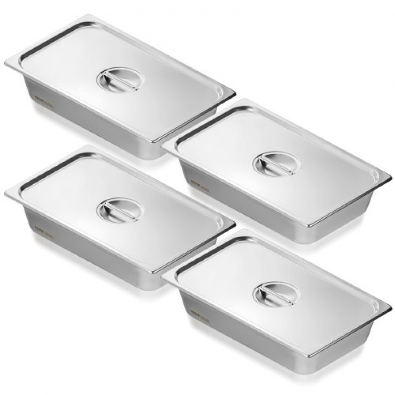 VEVOR 4 Pack Pans Hotel, Full Size Anti-Jam Steam Pan with Kap, 0,8mm πάχος από ανοξείδωτο ατσάλι Επιτραπέζιο ταψί 4 ιντσών, Βαθύ Εμπορικό Τηγάνι 4 ιντσών, Αποθηκευτικό τηγάνι τροφοδοσίας, για βιομηχανικό και επιστημονικό
