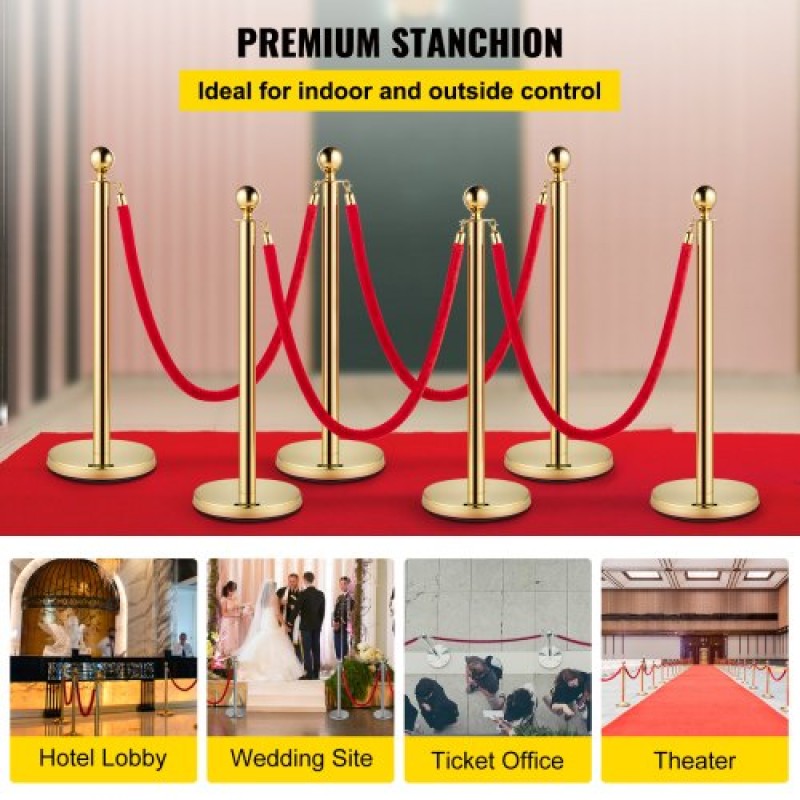 VEVOR Stanchion Post με Velvet Rope, 6-pack Crowd Control Stanchion with 4PCS 5FT Red Velvet Ropes, inox Queue Barrier Line Divier with Ball Top για εκδηλώσεις, μουσεία, πάρτι