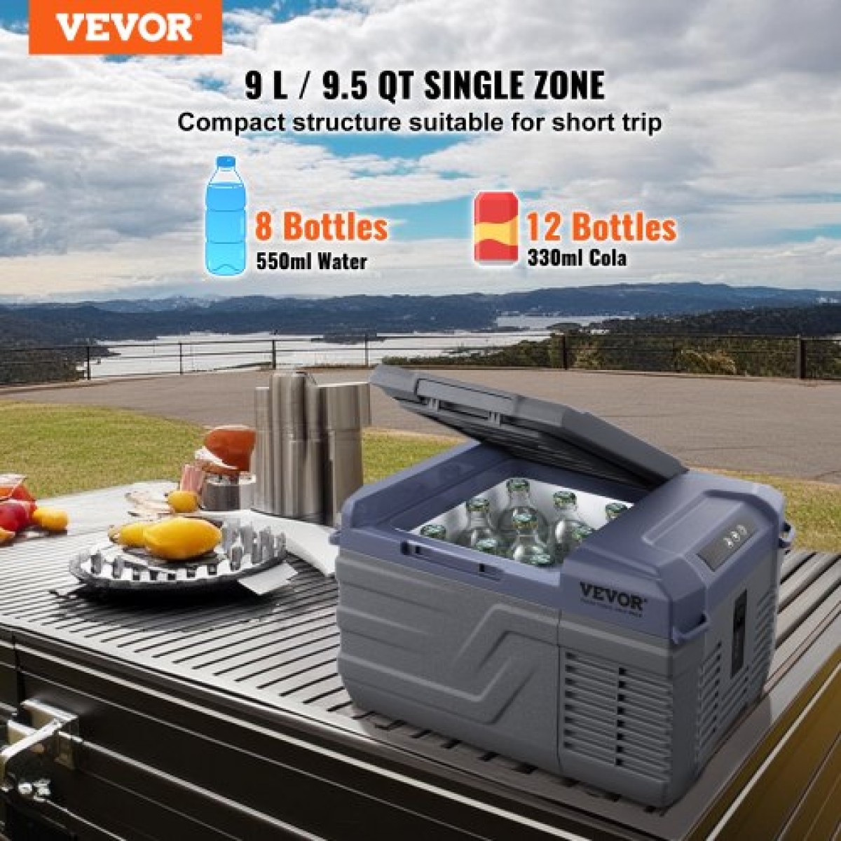 Ψυγείο αυτοκινήτου VEVOR, Ψυγείο αυτοκινήτου 12 Volt, Φορητός καταψύκτης 9 L μονής ζώνης, -4℉-68℉ Ρυθμιζόμενο εύρος, 12/24V DC και 100-240V AC ψύκτη συμπιεστή για εξωτερικούς χώρους, κάμπινγκ, RV