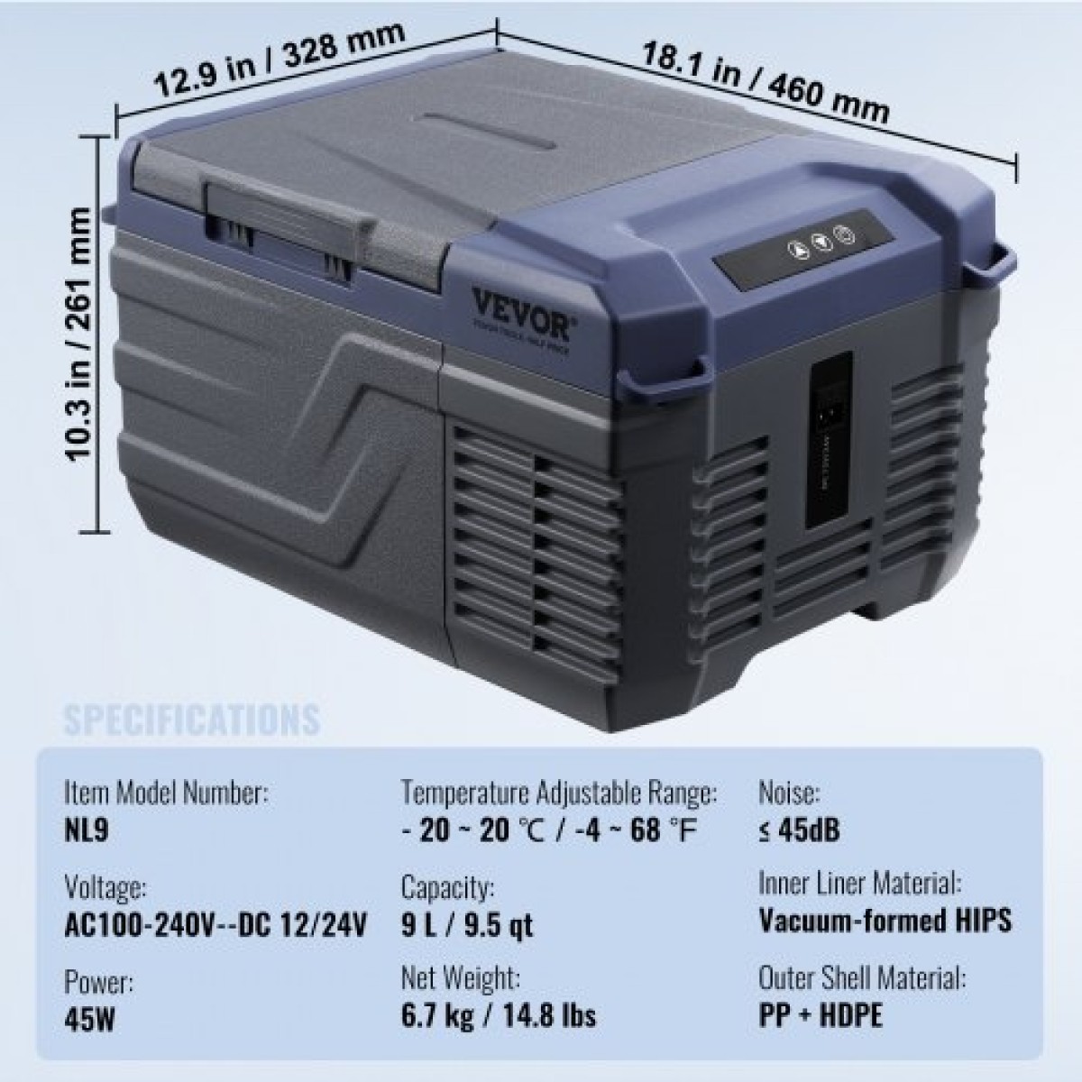 Ψυγείο αυτοκινήτου VEVOR, Ψυγείο αυτοκινήτου 12 Volt, Φορητός καταψύκτης 9 L μονής ζώνης, -4℉-68℉ Ρυθμιζόμενο εύρος, 12/24V DC και 100-240V AC ψύκτη συμπιεστή για εξωτερικούς χώρους, κάμπινγκ, RV