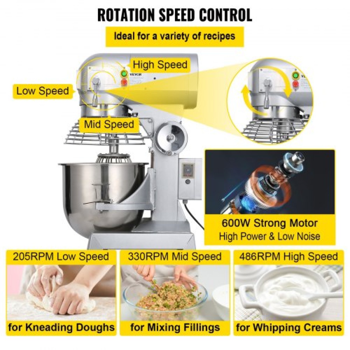 Μίξερ κουζίνας VEVOR Industrial Kitchen 15Qt 600W, 3 ταχύτητες ταχύτητας (110/178/390 RPM), Ανθεκτικό 110V, Περιλαμβάνει ανοξείδωτο μπολ, γάντζο ζύμης, σύρμα, χτυπητήρι, ιδανικό για εκπαιδευτικά ιδρύματα, αρτοποιεία, εστιατόρια