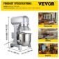 Μίξερ κουζίνας VEVOR Industrial Kitchen 15Qt 600W, 3 ταχύτητες ταχύτητας (110/178/390 RPM), Ανθεκτικό 110V, Περιλαμβάνει ανοξείδωτο μπολ, γάντζο ζύμης, σύρμα, χτυπητήρι, ιδανικό για εκπαιδευτικά ιδρύματα, αρτοποιεία, εστιατόρια