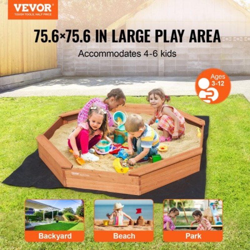 VEVOR Ξύλινο Sandbox με κάλυμμα, 75,6 x 75,6 x 9,1 σε οκταγωνικό Sand Box, Sand Pit με 4 καθίσματα και κάτω επένδυση, Παιδικό sandbox για εξωτερική αυλή, παραλία, πάρκο, δώρο για αγόρια, κορίτσια ηλικίας 3-12