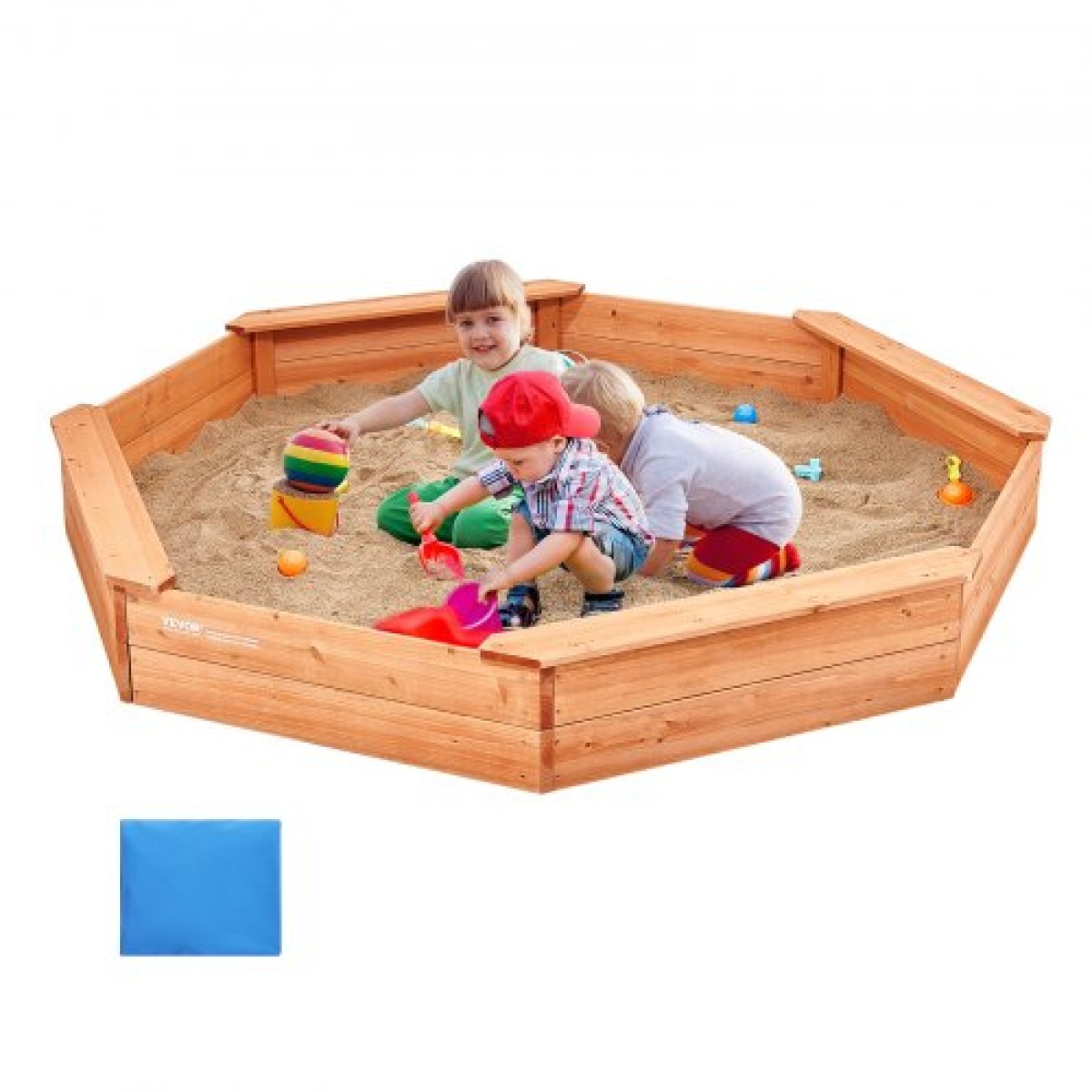 VEVOR Ξύλινο Sandbox με κάλυμμα, 75,6 x 75,6 x 9,1 σε οκταγωνικό Sand Box, Sand Pit με 4 καθίσματα και κάτω επένδυση, Παιδικό sandbox για εξωτερική αυλή, παραλία, πάρκο, δώρο για αγόρια, κορίτσια ηλικίας 3-12