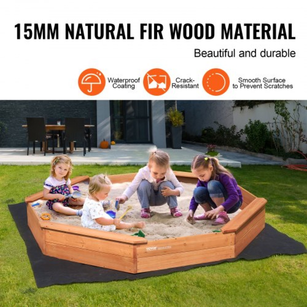VEVOR Ξύλινο Sandbox με κάλυμμα, 75,6 x 75,6 x 9,1 σε οκταγωνικό Sand Box, Sand Pit με 4 καθίσματα και κάτω επένδυση, Παιδικό sandbox για εξωτερική αυλή, παραλία, πάρκο, δώρο για αγόρια, κορίτσια ηλικίας 3-12