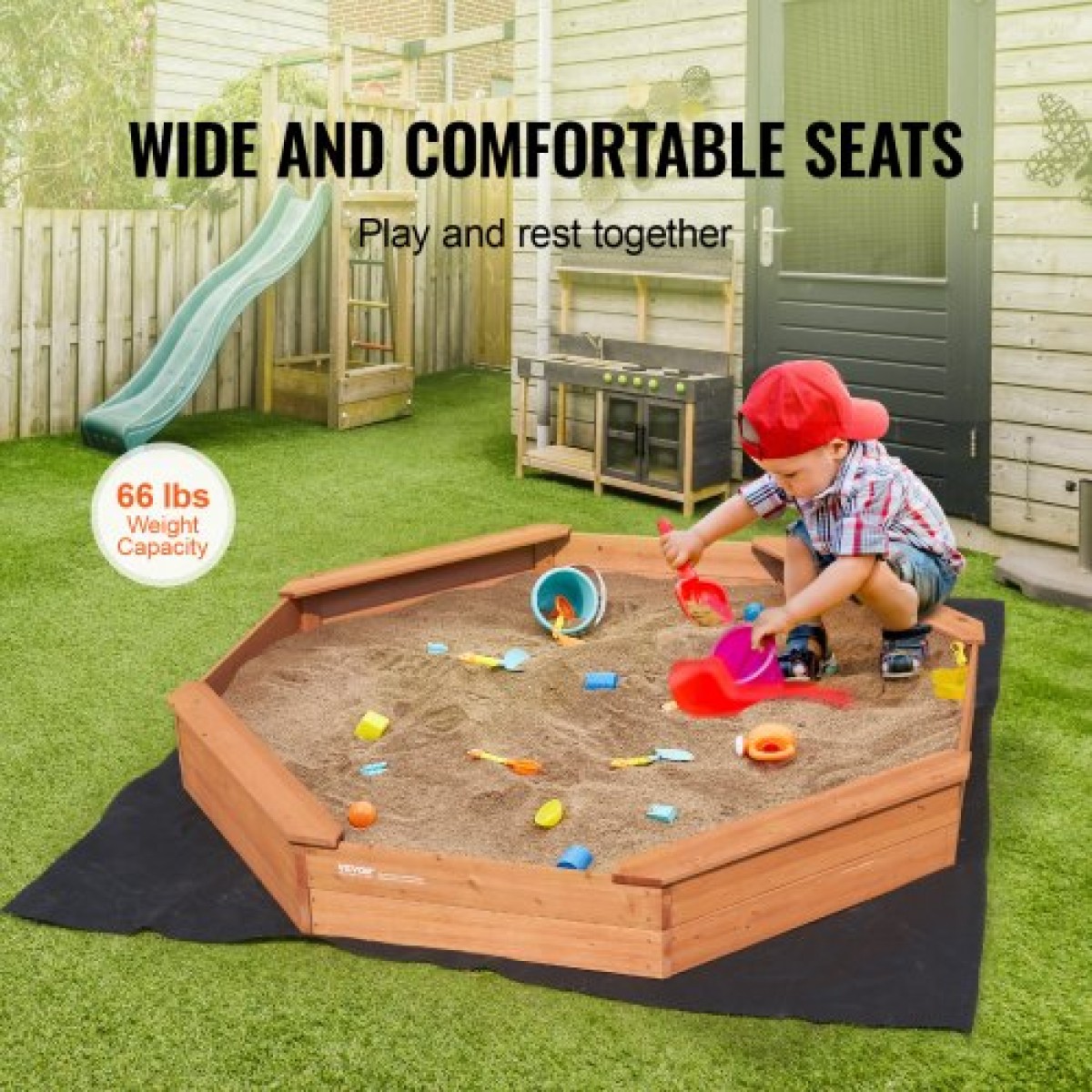 VEVOR Ξύλινο Sandbox με κάλυμμα, 75,6 x 75,6 x 9,1 σε οκταγωνικό Sand Box, Sand Pit με 4 καθίσματα και κάτω επένδυση, Παιδικό sandbox για εξωτερική αυλή, παραλία, πάρκο, δώρο για αγόρια, κορίτσια ηλικίας 3-12