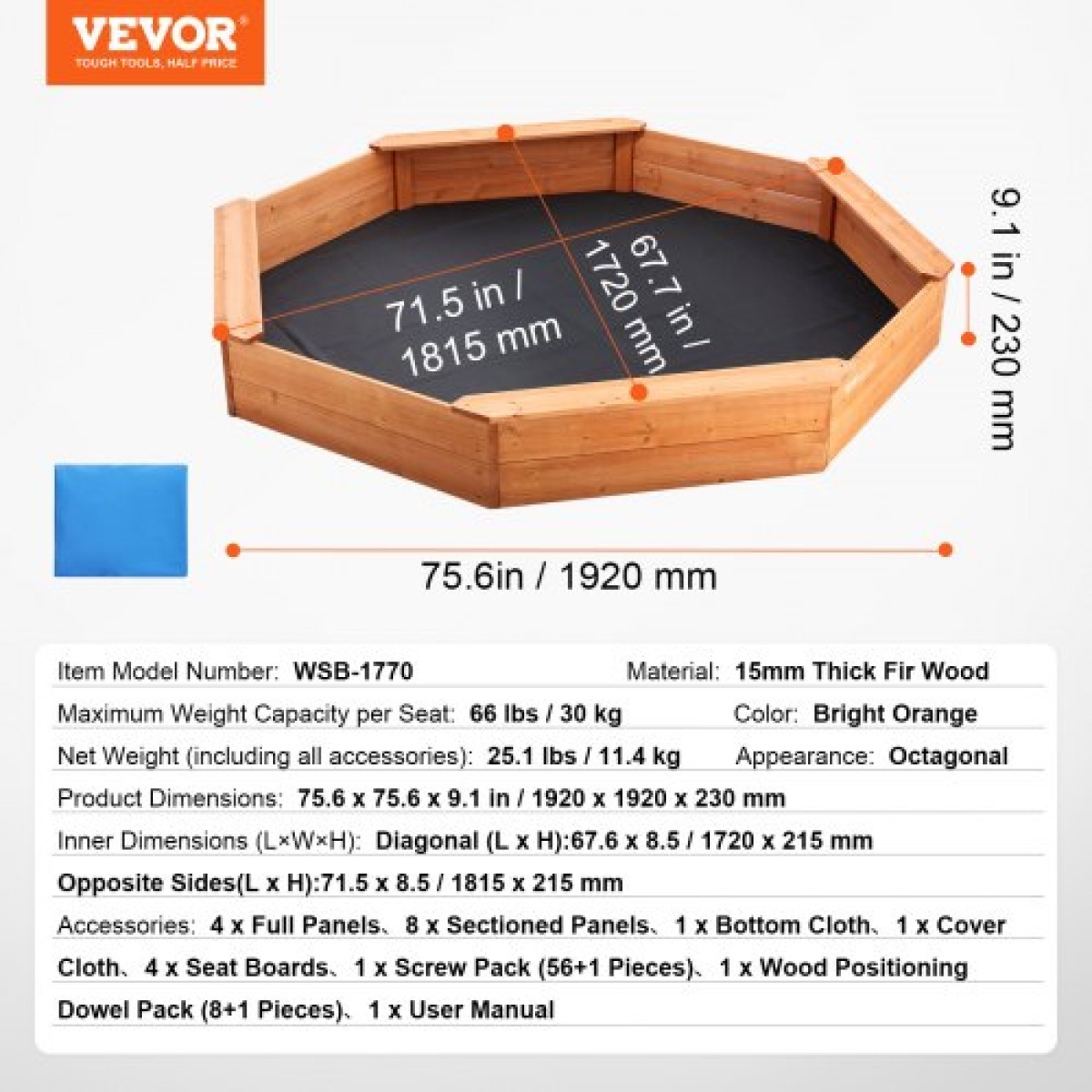 VEVOR Ξύλινο Sandbox με κάλυμμα, 75,6 x 75,6 x 9,1 σε οκταγωνικό Sand Box, Sand Pit με 4 καθίσματα και κάτω επένδυση, Παιδικό sandbox για εξωτερική αυλή, παραλία, πάρκο, δώρο για αγόρια, κορίτσια ηλικίας 3-12