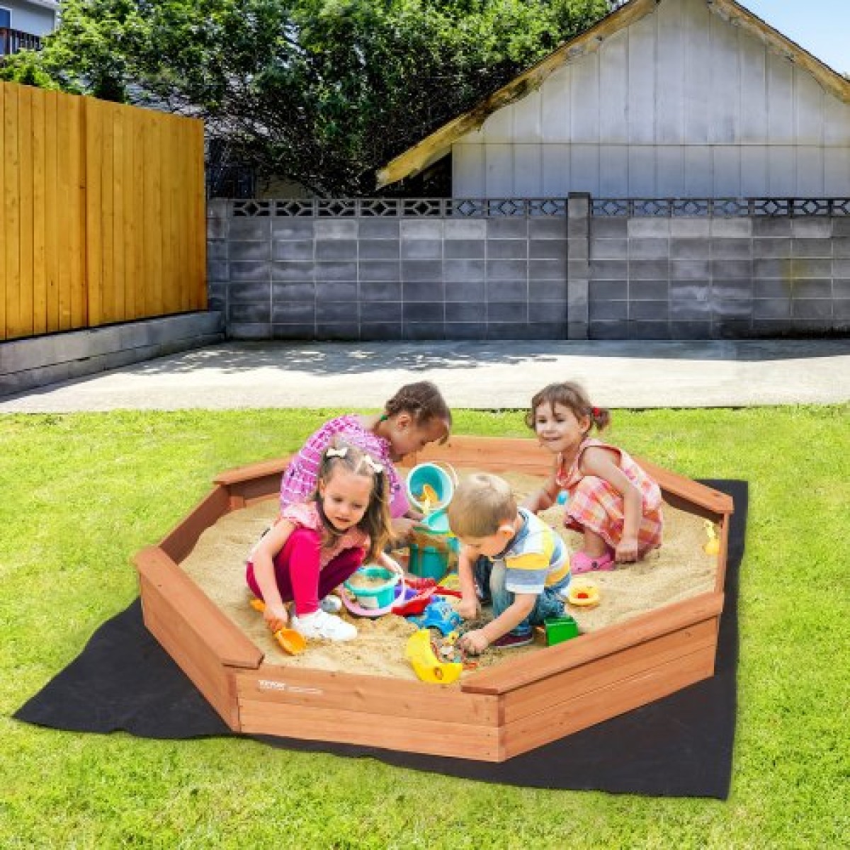 VEVOR Ξύλινο Sandbox με κάλυμμα, 75,6 x 75,6 x 9,1 σε οκταγωνικό Sand Box, Sand Pit με 4 καθίσματα και κάτω επένδυση, Παιδικό sandbox για εξωτερική αυλή, παραλία, πάρκο, δώρο για αγόρια, κορίτσια ηλικίας 3-12