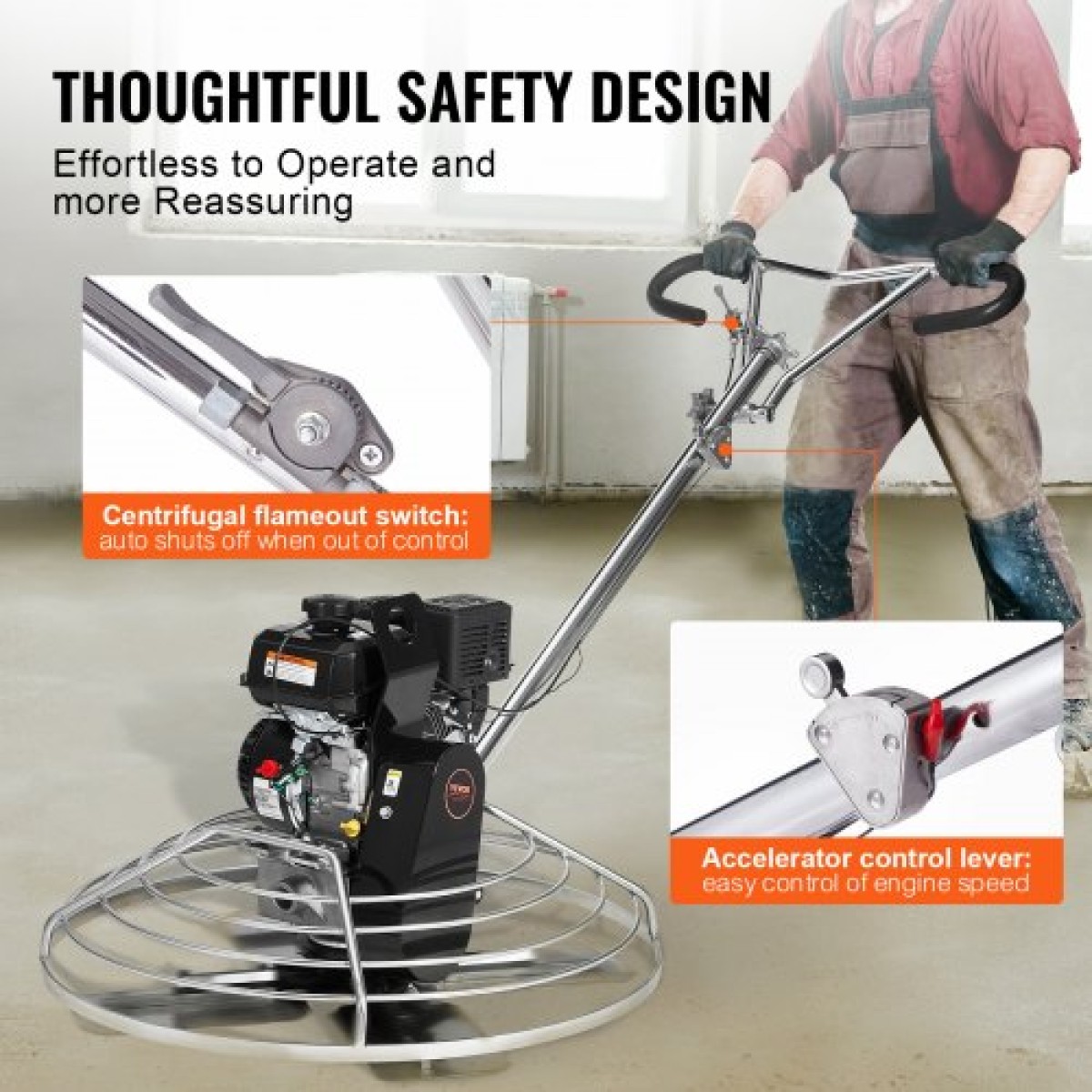 VEVOR Power Trowel, 38" τσιμεντοσπάτουλα Walk-Behind με λεπίδα φινιρίσματος, 6HP με αέριο λεία επιφάνεια από σκυρόδεμα, τσιμέντο βαρέως τύπου Commercial Screed Concrete με λεπίδα φινιρίσματος, πορτοκαλί