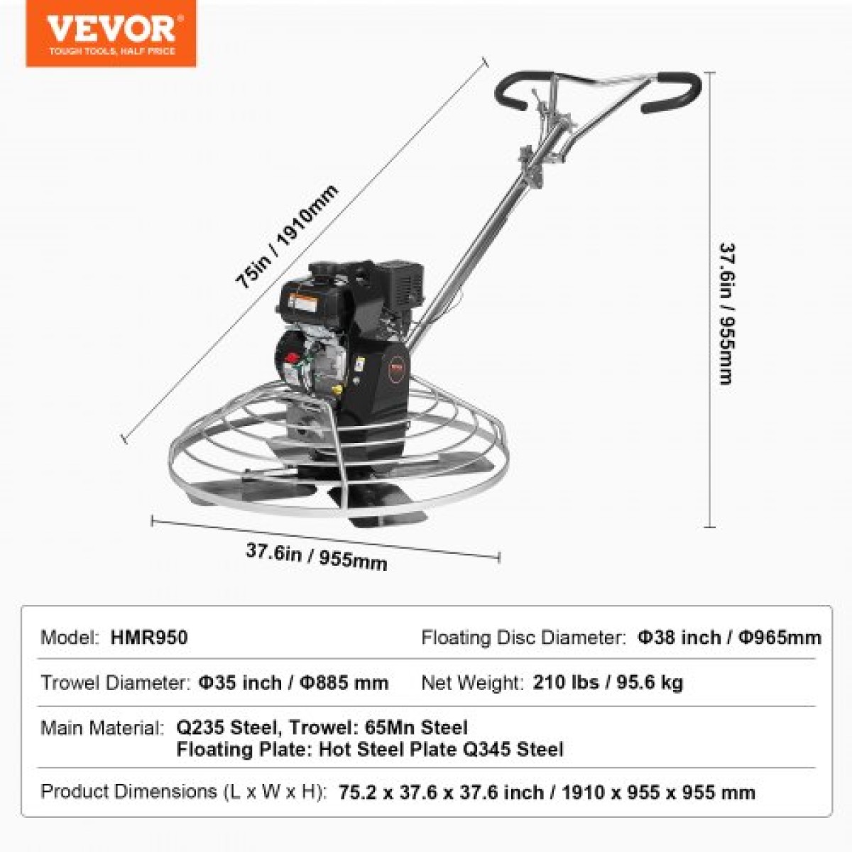 VEVOR Power Trowel, 38" τσιμεντοσπάτουλα Walk-Behind με λεπίδα φινιρίσματος, 6HP με αέριο λεία επιφάνεια από σκυρόδεμα, τσιμέντο βαρέως τύπου Commercial Screed Concrete με λεπίδα φινιρίσματος, πορτοκαλί