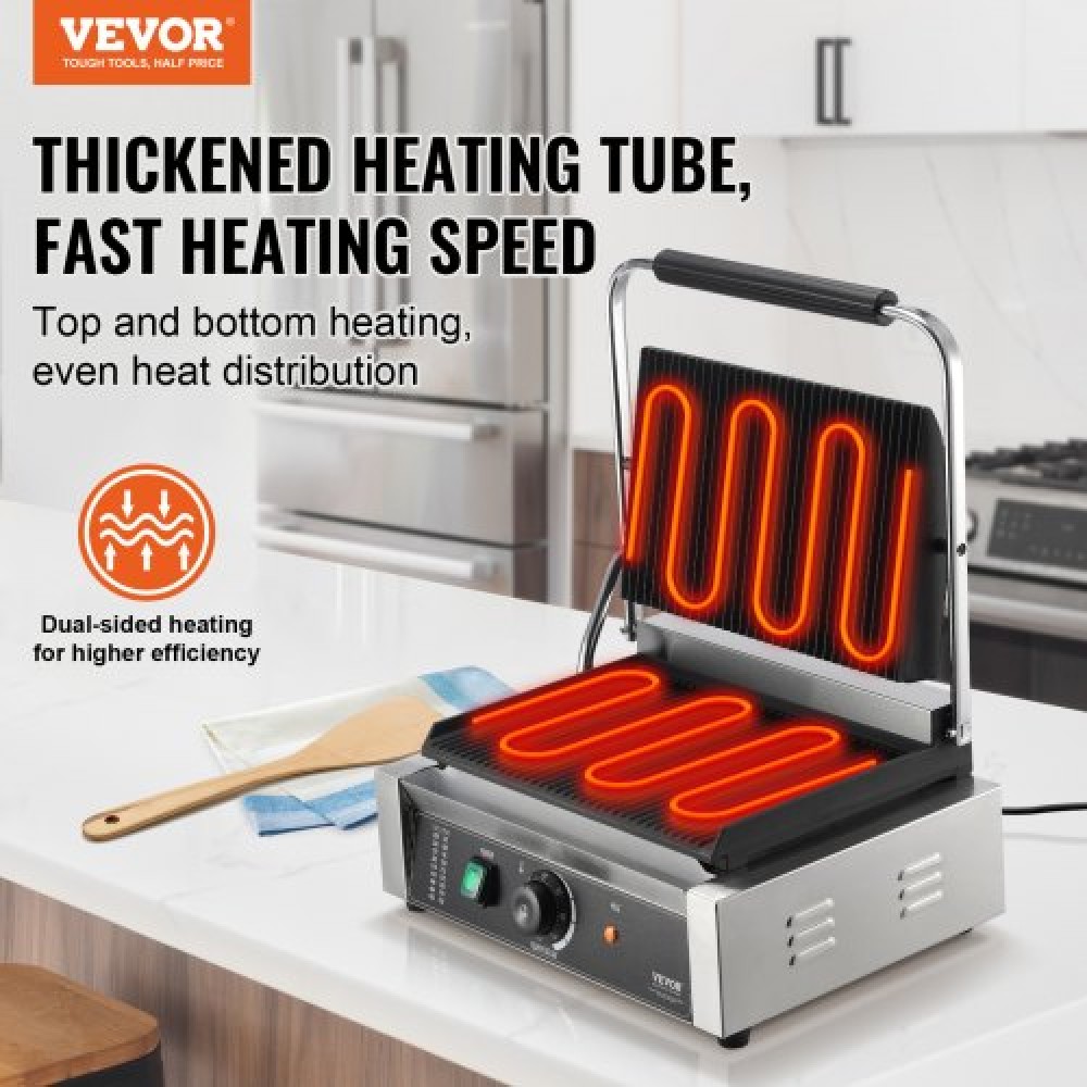 Εμπορική σχάρα Panini VEVOR, Ηλεκτρικό σάντουιτς Panini Maker 2200W, Ανοξείδωτη ψησταριά σάντουιτς με χειρολαβή και έλεγχο θερμοκρασίας, 34x23 cm Πλήρης αυλάκωση εμαγιέ πλάκα, για μπριζόλα χάμπουργκερ μπέικον