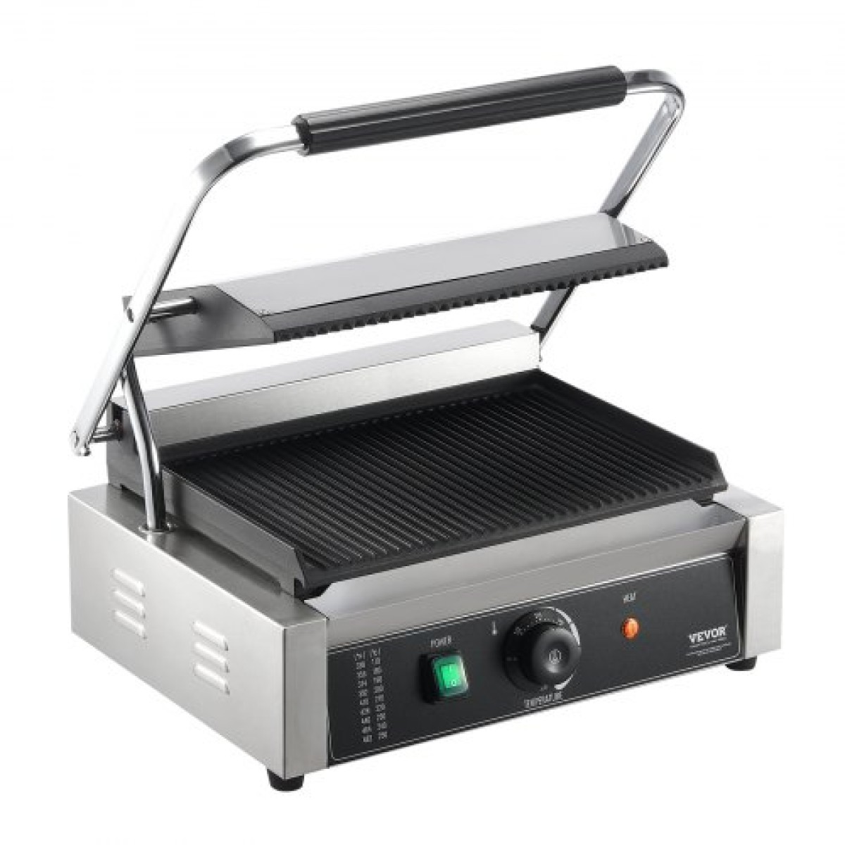 Εμπορική σχάρα Panini VEVOR, Ηλεκτρικό σάντουιτς Panini Maker 2200W, Ανοξείδωτη ψησταριά σάντουιτς με χειρολαβή και έλεγχο θερμοκρασίας, 34x23 cm Πλήρης αυλάκωση εμαγιέ πλάκα, για μπριζόλα χάμπουργκερ μπέικον