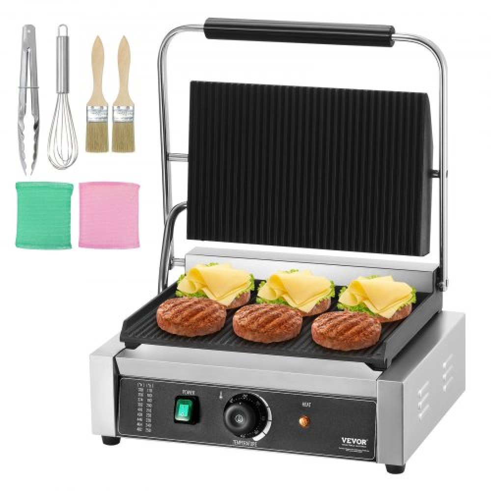 Εμπορική σχάρα Panini VEVOR, Ηλεκτρικό σάντουιτς Panini Maker 2200W, Ανοξείδωτη ψησταριά σάντουιτς με χειρολαβή και έλεγχο θερμοκρασίας, 34x23 cm Πλήρης αυλάκωση εμαγιέ πλάκα, για μπριζόλα χάμπουργκερ μπέικον