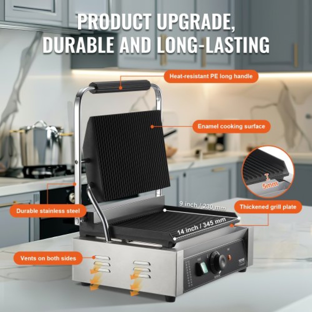 Εμπορική σχάρα Panini VEVOR, Ηλεκτρικό σάντουιτς Panini Maker 2200W, Ανοξείδωτη ψησταριά σάντουιτς με χειρολαβή και έλεγχο θερμοκρασίας, 34x23 cm Πλήρης αυλάκωση εμαγιέ πλάκα, για μπριζόλα χάμπουργκερ μπέικον