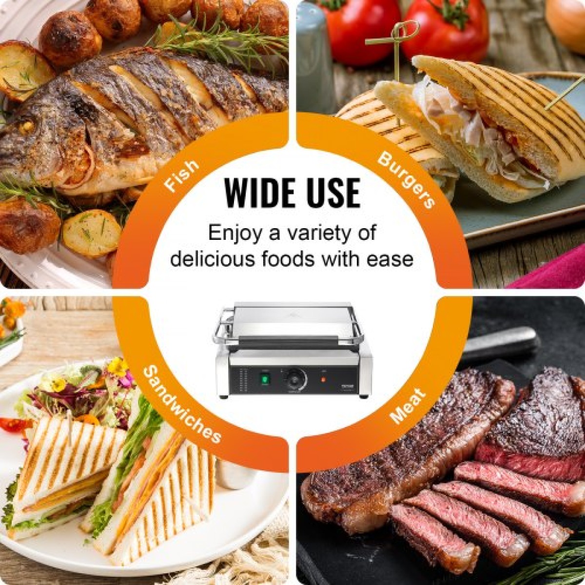 Εμπορική σχάρα Panini VEVOR, Ηλεκτρικό σάντουιτς Panini Maker 2200W, Ανοξείδωτη ψησταριά σάντουιτς με χειρολαβή και έλεγχο θερμοκρασίας, 34x23 cm Πλήρης αυλάκωση εμαγιέ πλάκα, για μπριζόλα χάμπουργκερ μπέικον