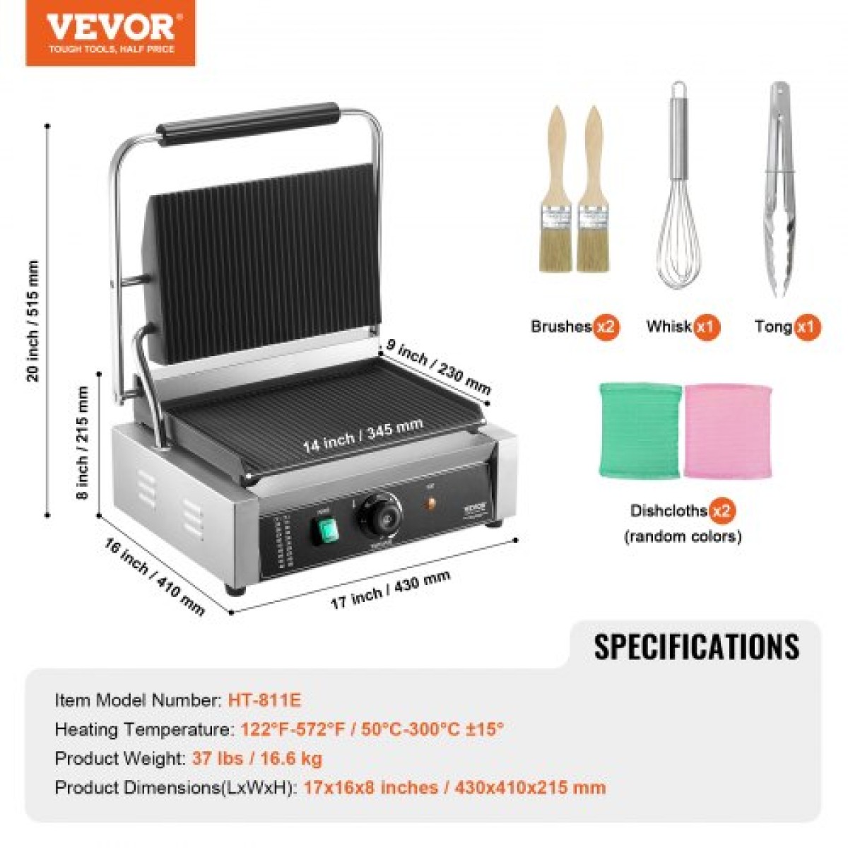 Εμπορική σχάρα Panini VEVOR, Ηλεκτρικό σάντουιτς Panini Maker 2200W, Ανοξείδωτη ψησταριά σάντουιτς με χειρολαβή και έλεγχο θερμοκρασίας, 34x23 cm Πλήρης αυλάκωση εμαγιέ πλάκα, για μπριζόλα χάμπουργκερ μπέικον