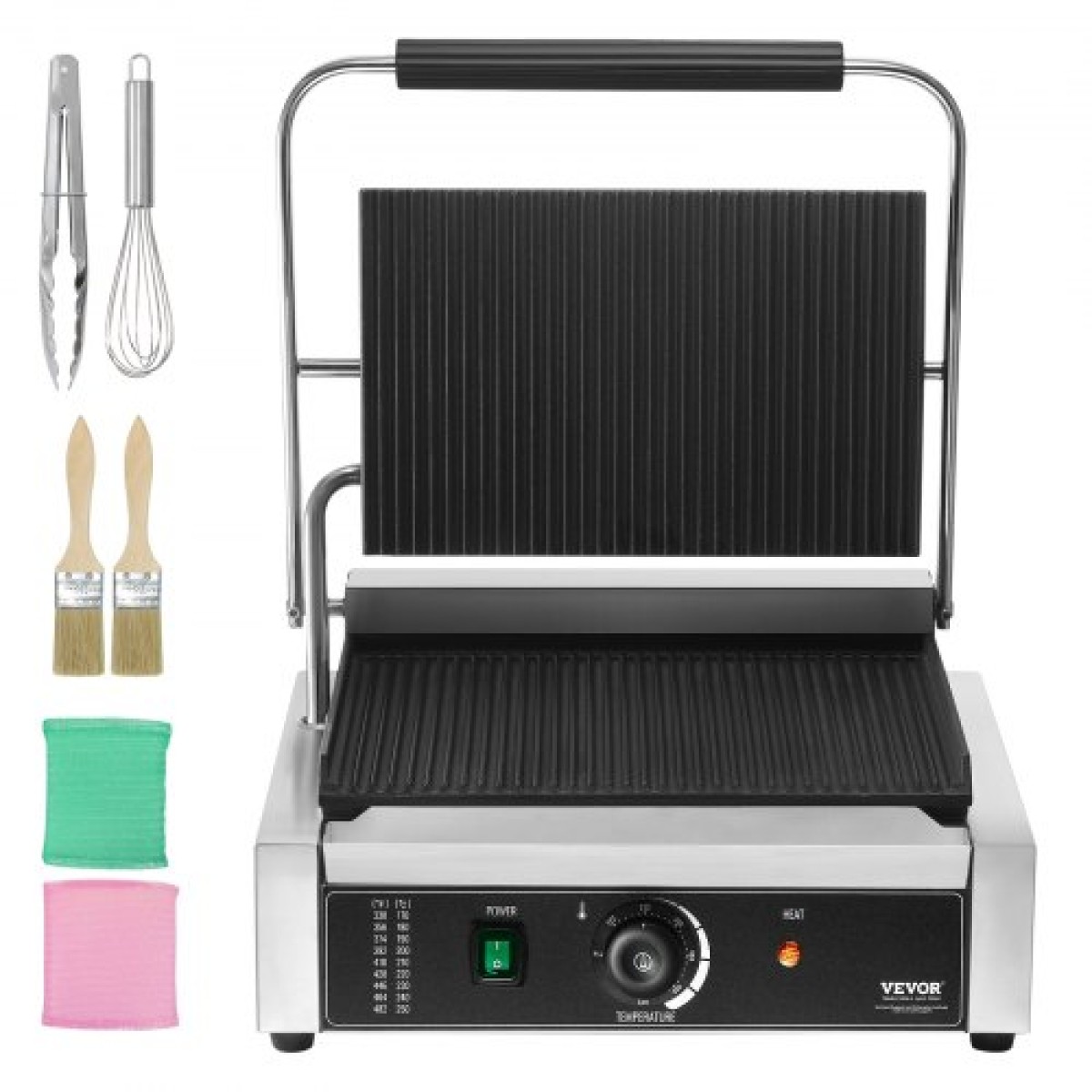 Εμπορική σχάρα Panini VEVOR, Ηλεκτρικό σάντουιτς Panini Maker 2200W, Ανοξείδωτη ψησταριά σάντουιτς με χειρολαβή και έλεγχο θερμοκρασίας, 34x23 cm Πλήρης αυλάκωση εμαγιέ πλάκα, για μπριζόλα χάμπουργκερ μπέικον