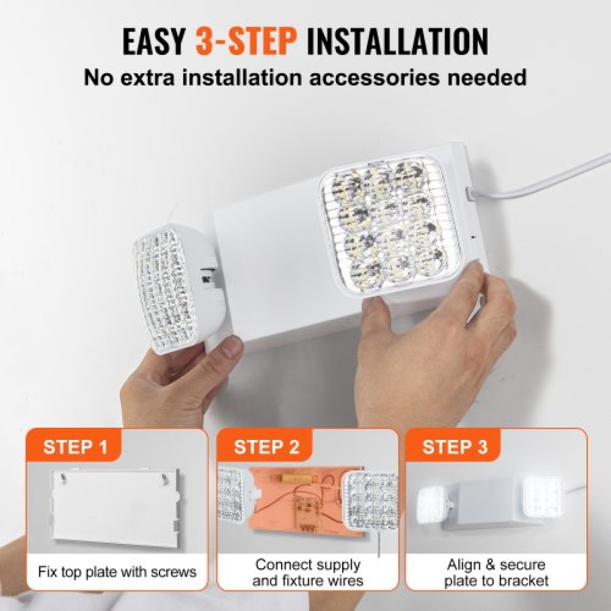 VEVOR 24 Pack Εμπορικό φως έκτακτης ανάγκης, 3W, Λευκό LED φωτιστικά για έξοδο έκτακτης ανάγκης με εφεδρική μπαταρία 180 λεπτών ρυθμιζόμενη 2 LED τετράγωνη βάση κεφαλής, οροφής ή τοίχου για διακοπές ρεύματος σε επιχειρήσεις