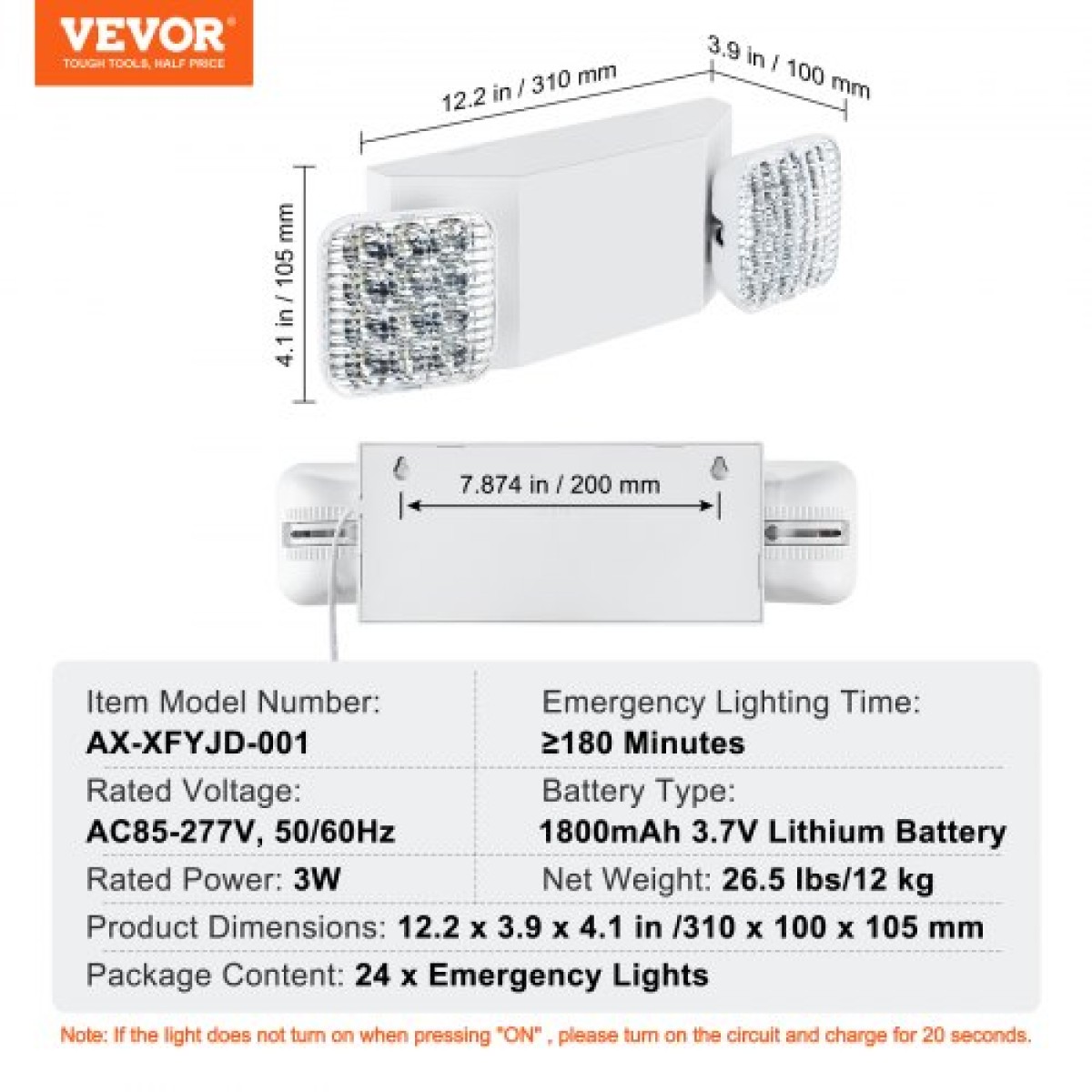 VEVOR 24 Pack Εμπορικό φως έκτακτης ανάγκης, 3W, Λευκό LED φωτιστικά για έξοδο έκτακτης ανάγκης με εφεδρική μπαταρία 180 λεπτών ρυθμιζόμενη 2 LED τετράγωνη βάση κεφαλής, οροφής ή τοίχου για διακοπές ρεύματος σε επιχειρήσεις