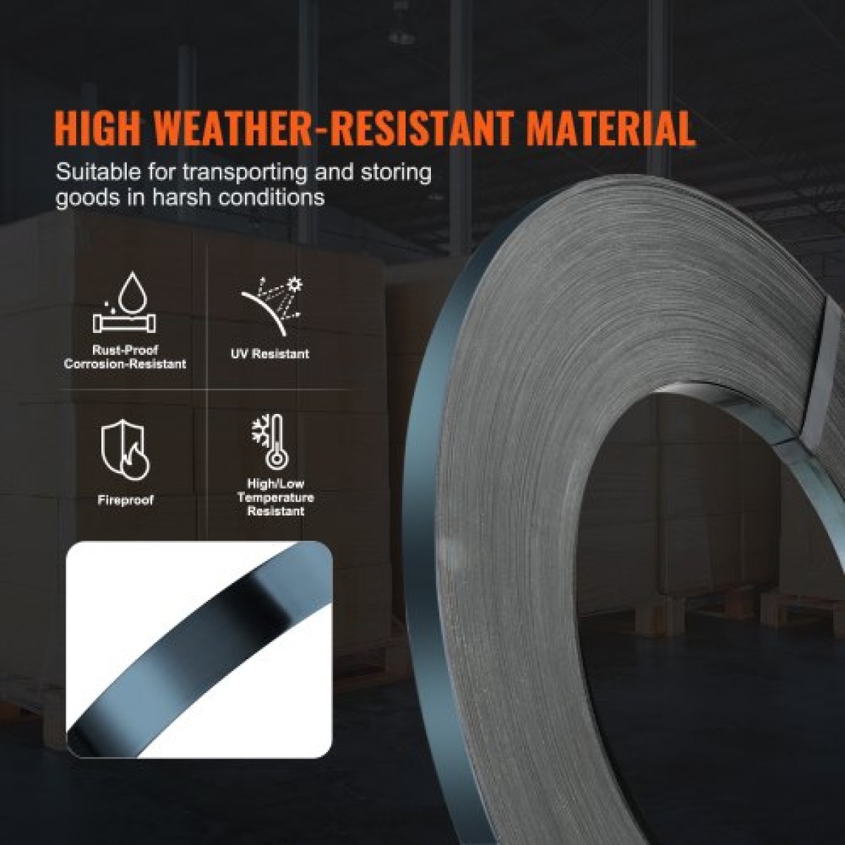 Πηνίο VEVOR Steel Strapping, 19 mm x 0,55 mm x 500 m, Μεταλλικό ρολό ταινίας που αντέχει σε σκληρό περιβάλλον, 771 kg Αντοχή σε θραύση, Πηνίο ιμάντων παλέτας βαρέως τύπου για συσκευασία παλετών