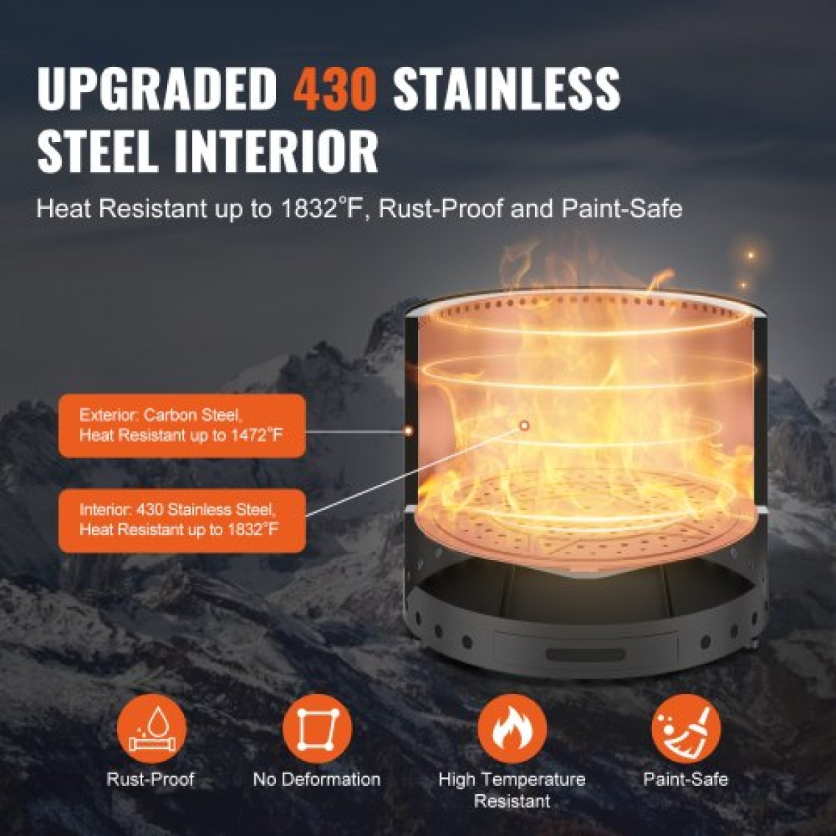 VEVOR Smokeless Fire Pit Sove Bonfire, Υ: 12,6 ίντσες x Διάμετρος: 15 ίντσες, Ξύλινα τζάκια με αποσπώμενο δοχείο στάχτης, εσωτερικό φορητό εξωτερικό τζάκι από ανοξείδωτο χάλυβα SUS430, Ιδανικό για κάμπινγκ σε εξωτερικό αίθριο