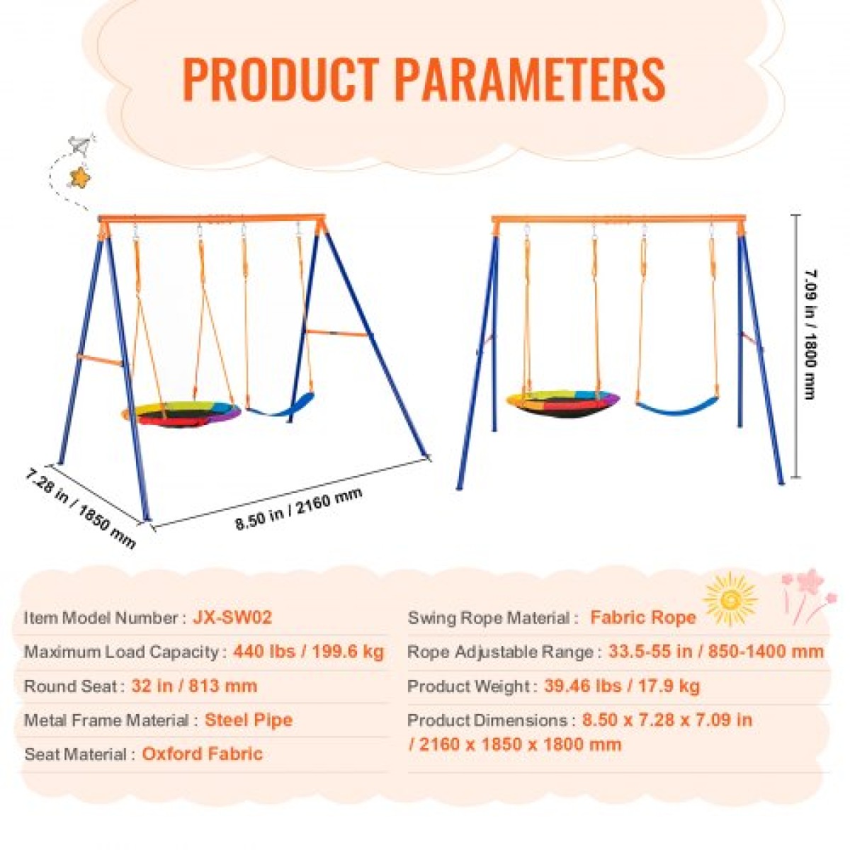 VEVOR Swing Swing για Backyard, 440lbs Load Capacity Swing Set, με 1 Saucer Swing Seat, 1 Belt Swing Seat, Heavy Duty A-Frame Metal Swing Stand και ρυθμιζόμενο σχοινί, Swingset Outdoor για παιδιά